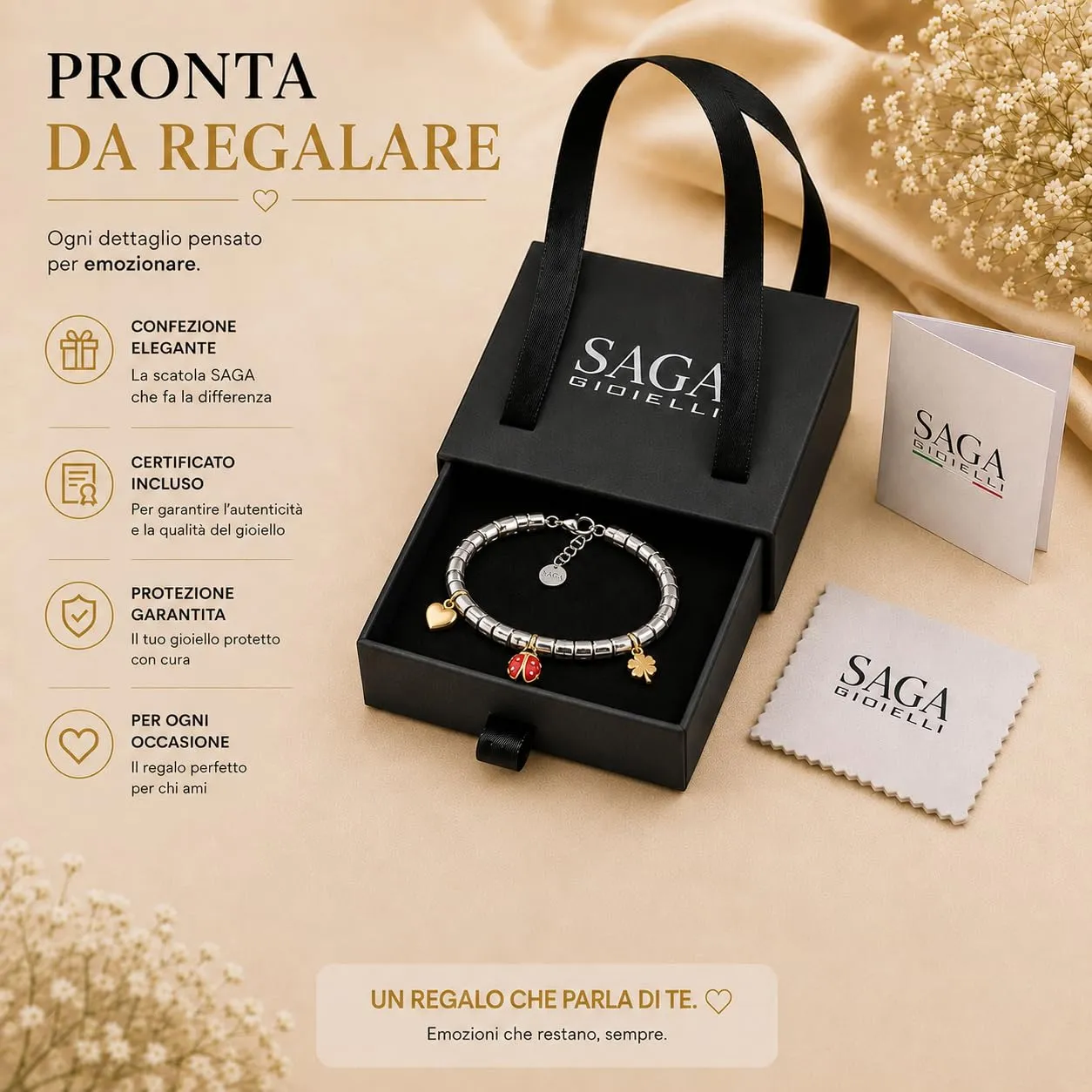 Saga Gioielli Bracciale Donna Granelli Pepite Martellate in Acciaio con Pendente Coccinella Dorata - immagine 6