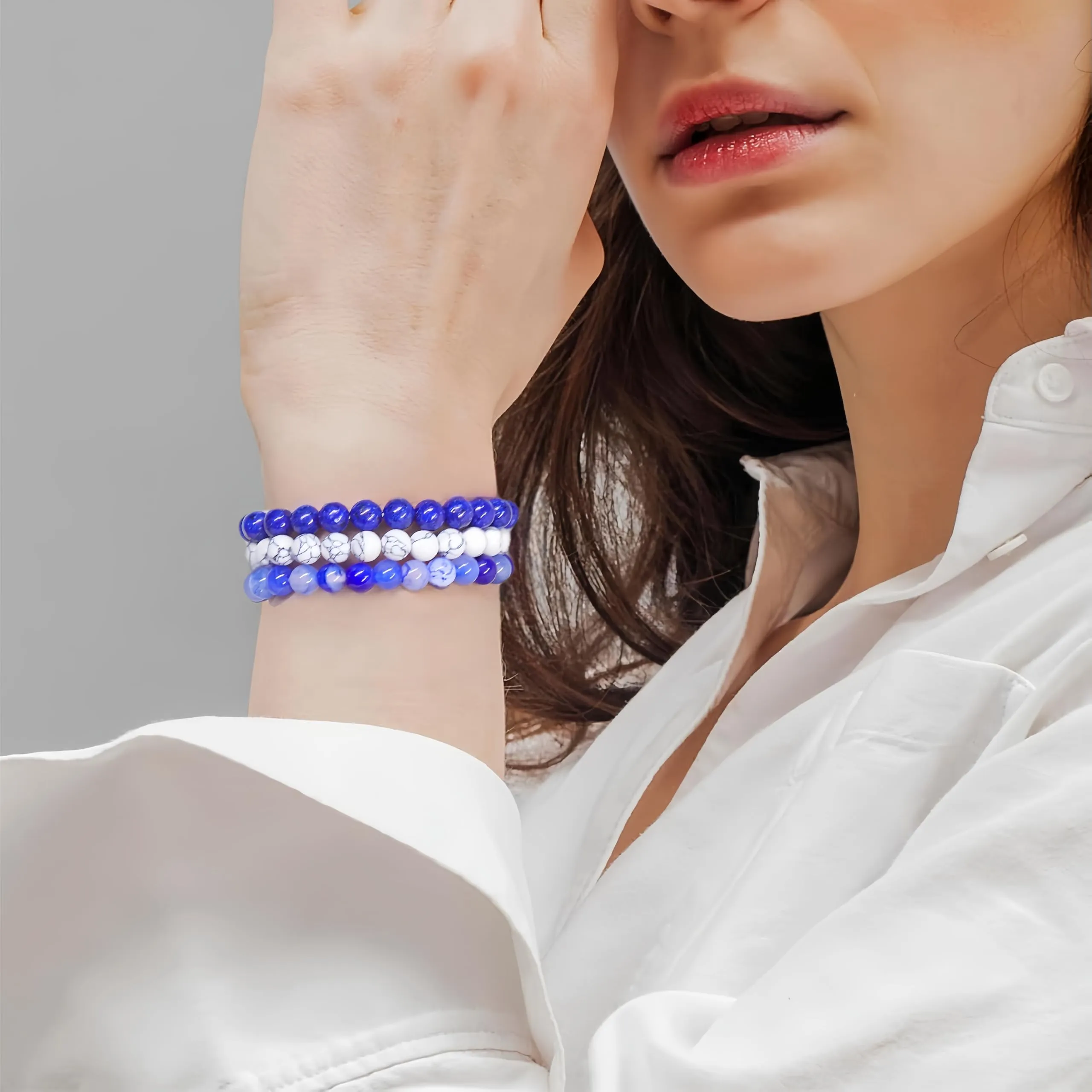 SAIBANGZI Bracciale a Sfere di Pietra Naturale 8mm, Set da 3 Pezzi per Donna e Uomo - immagine 2