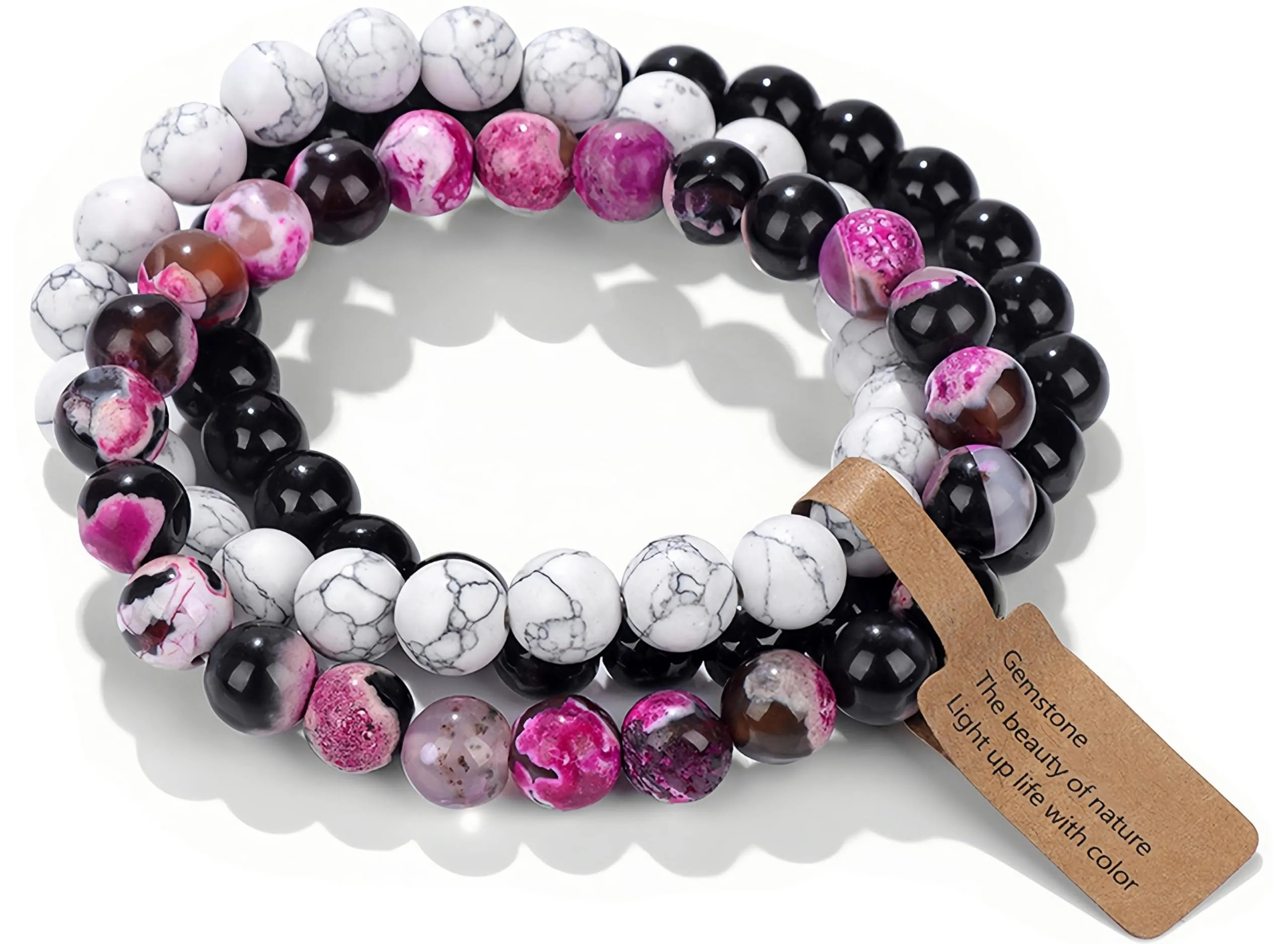 SAIBANGZI Bracciale a Sfere di Pietra Naturale 8mm, Set da 3 Pezzi (Agata di Fuoco, Turchese Bianco, Onice Nero), 19 cm - immagine 1