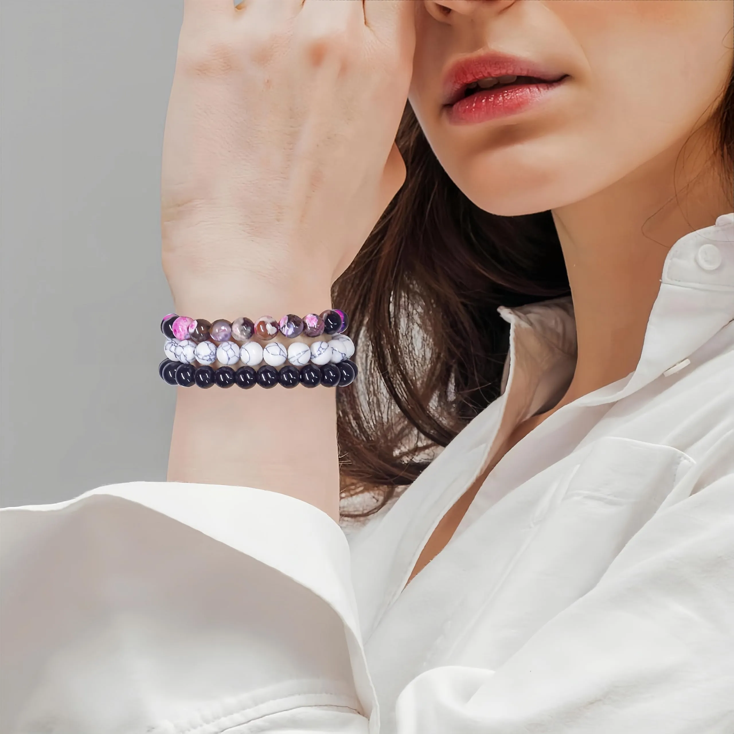 SAIBANGZI Bracciale a Sfere di Pietra Naturale 8mm, Set da 3 Pezzi (Agata di Fuoco, Turchese Bianco, Onice Nero), 19 cm - immagine 2