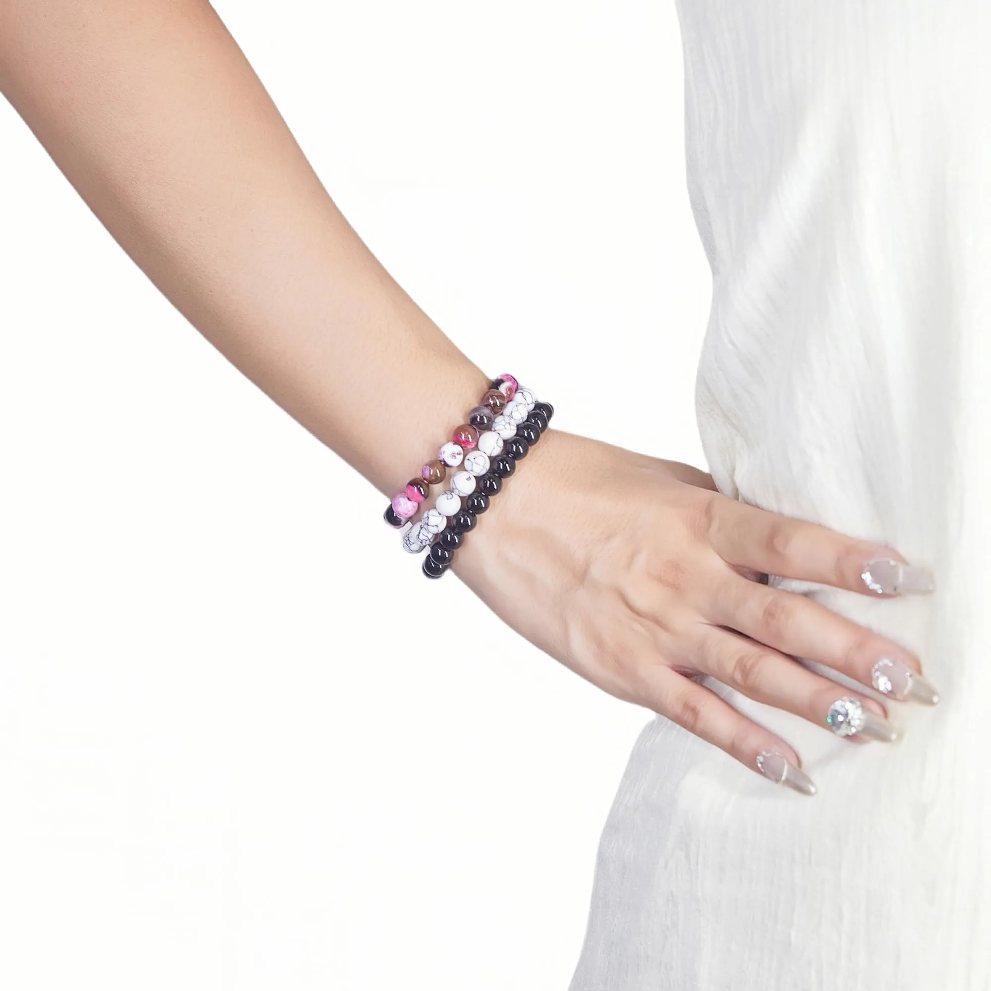 SAIBANGZI Bracciale a Sfere di Pietra Naturale 8mm, Set da 3 Pezzi (Agata di Fuoco, Turchese Bianco, Onice Nero), 19 cm - immagine 4