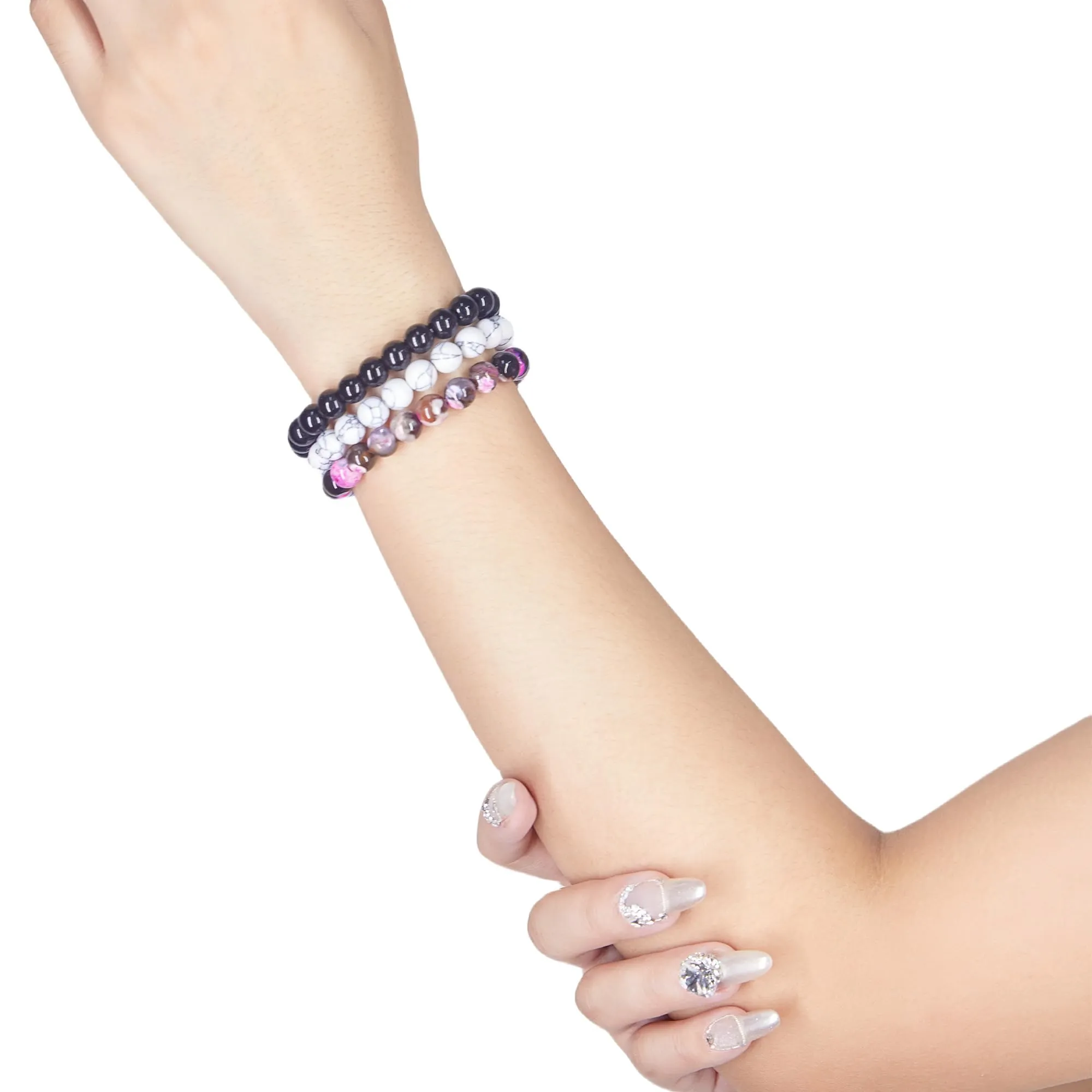 SAIBANGZI Bracciale a Sfere di Pietra Naturale 8mm, Set da 3 Pezzi (Agata di Fuoco, Turchese Bianco, Onice Nero), 19 cm - immagine 5