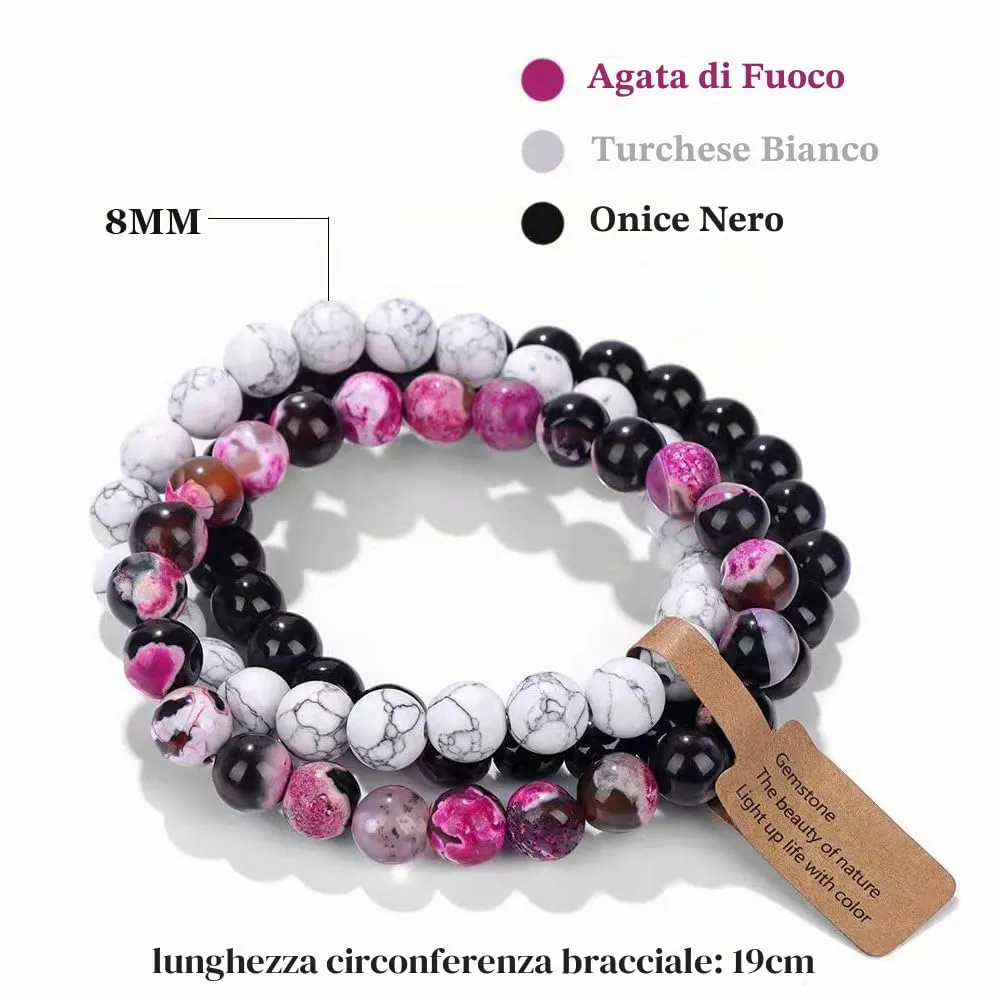SAIBANGZI Bracciale a Sfere di Pietra Naturale 8mm, Set da 3 Pezzi (Agata di Fuoco, Turchese Bianco, Onice Nero), 19 cm - immagine 6