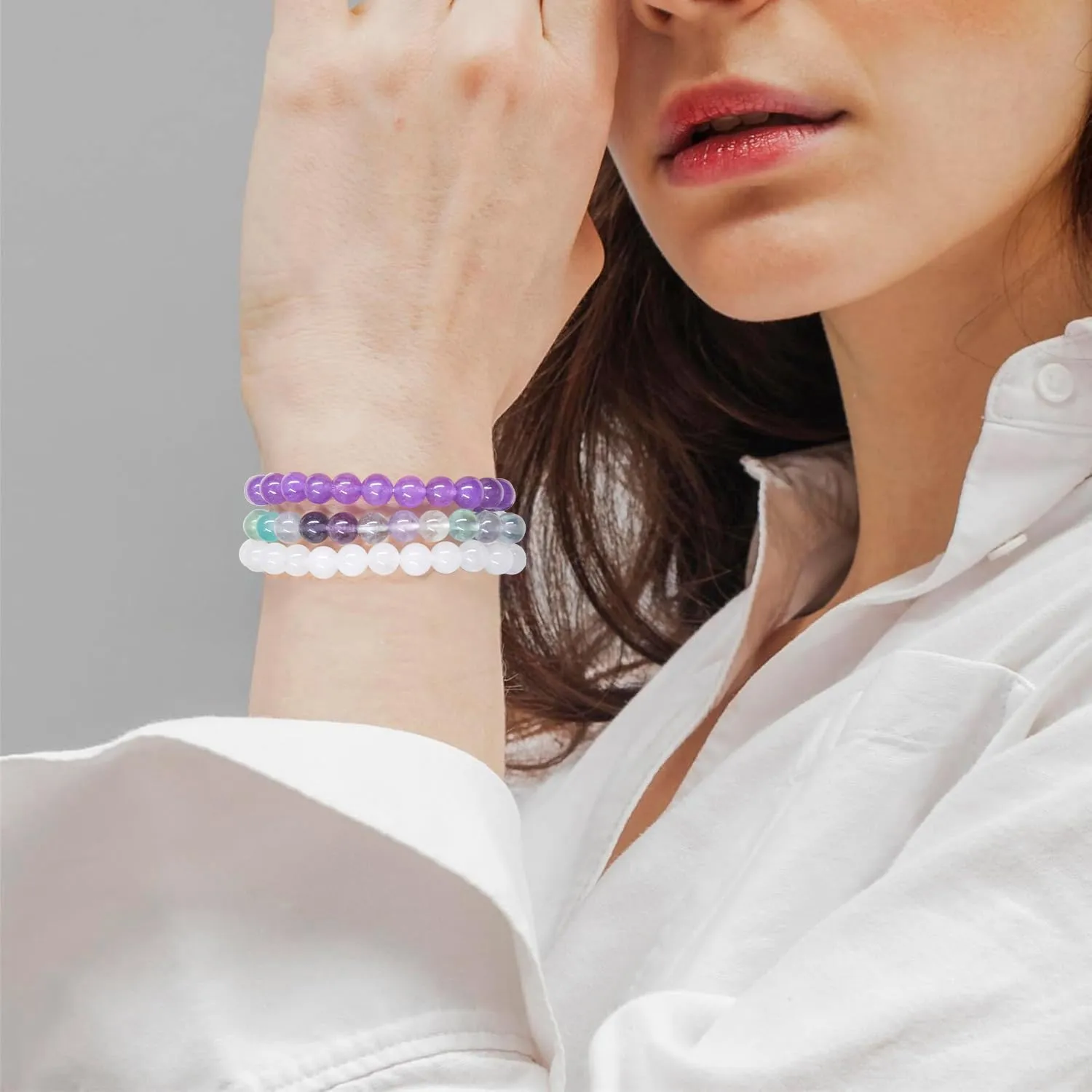 SAIBANGZI Bracciale in Pietre Naturali Fluorite, Giada Bianca e Ametista, Perline 8mm, Elastico - immagine 2