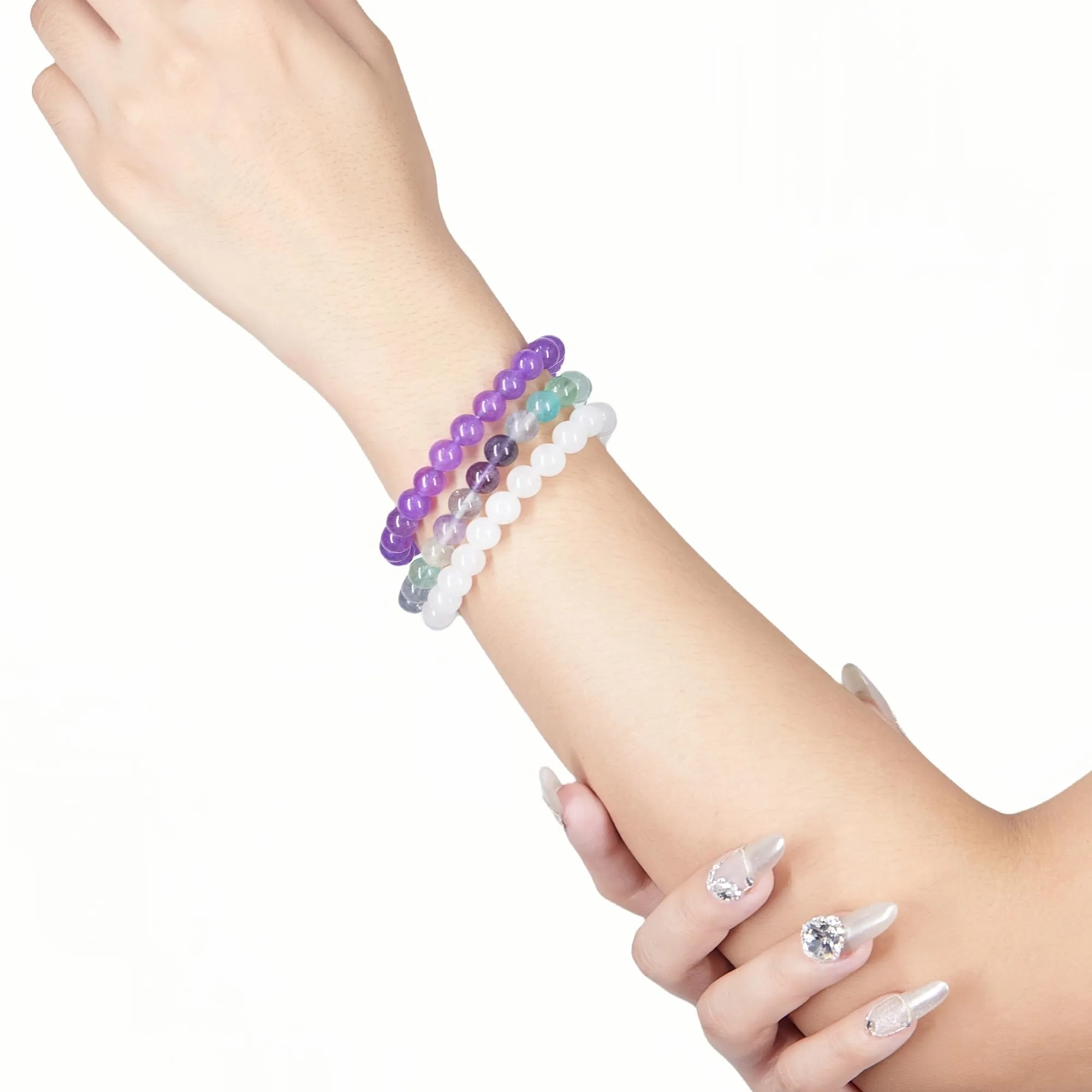 SAIBANGZI Bracciale in Pietre Naturali Fluorite, Giada Bianca e Ametista, Perline 8mm, Elastico - immagine 5