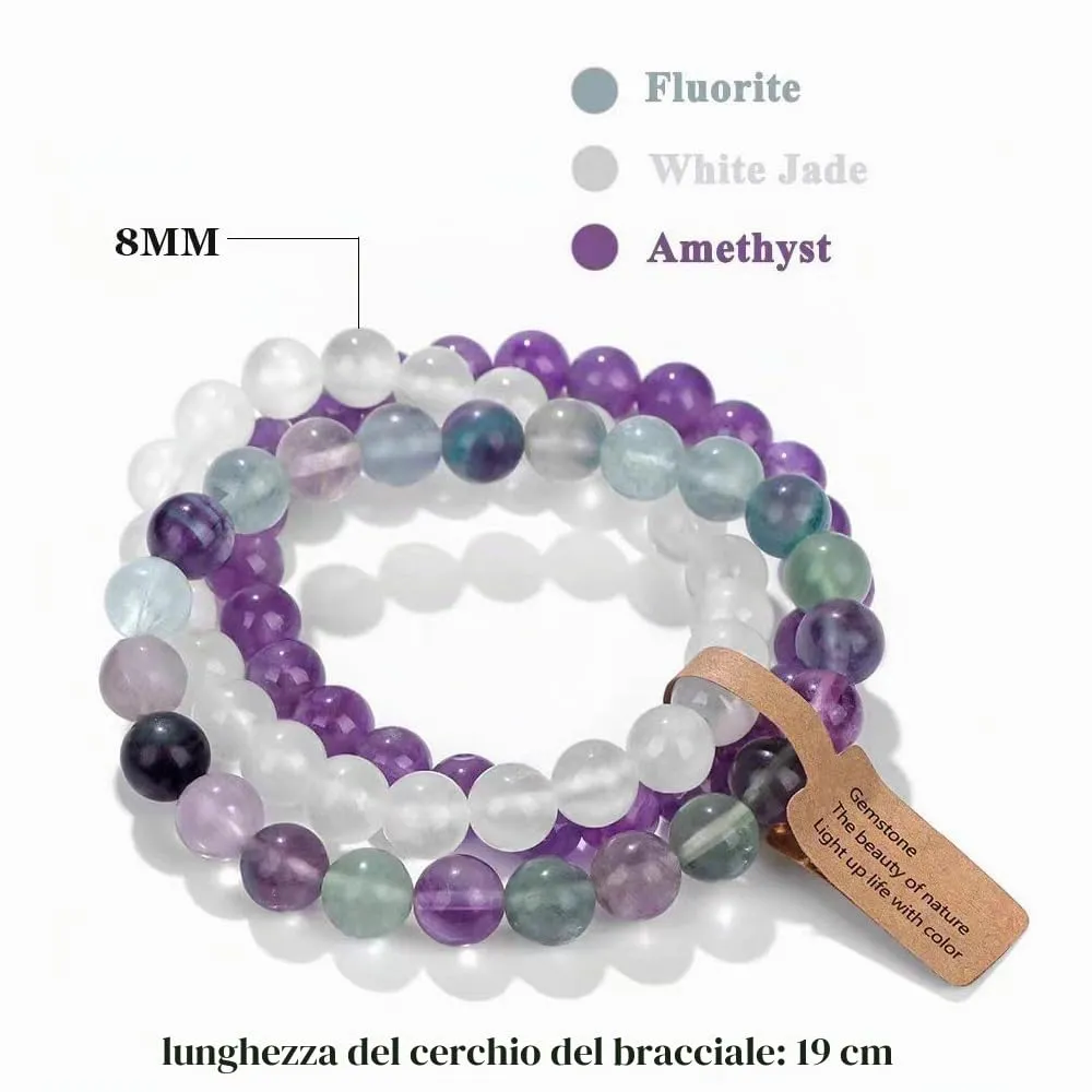 SAIBANGZI Bracciale in Pietre Naturali Fluorite, Giada Bianca e Ametista, Perline 8mm, Elastico - immagine 6