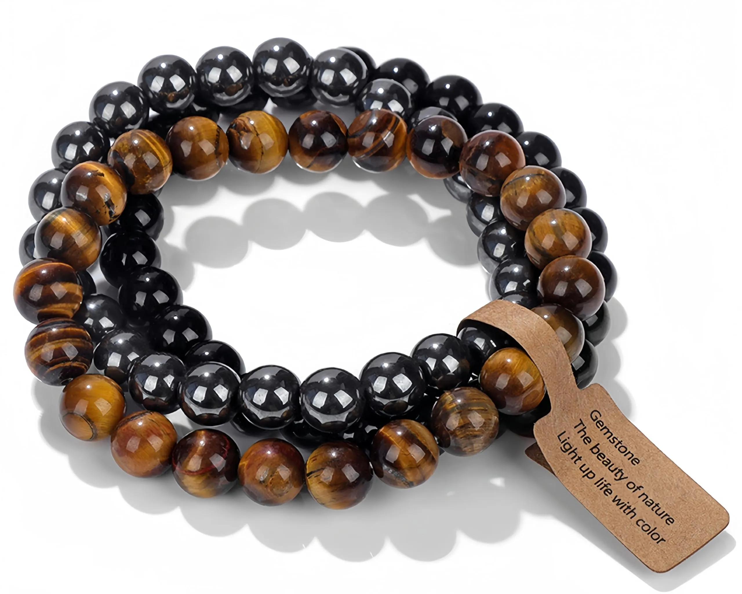 SAIBANGZI Bracciale in Pietre Naturali con Perline da 8mm, Occhio di Tigre, Ematite e Onice Nero, 19 cm - immagine 1
