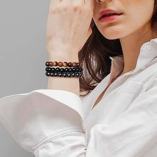 SAIBANGZI Bracciale in Pietre Naturali con Perline da 8mm, Occhio di Tigre, Ematite e Onice Nero, 19 cm - immagine 2