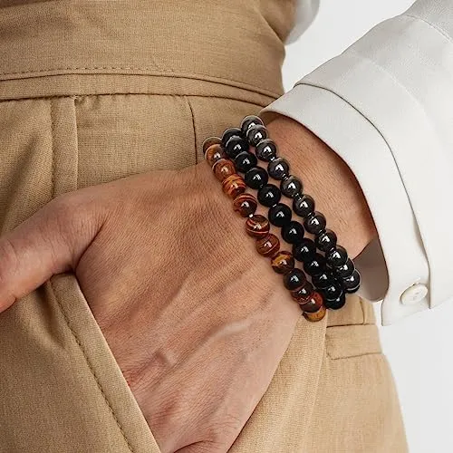 SAIBANGZI Bracciale in Pietre Naturali con Perline da 8mm, Occhio di Tigre, Ematite e Onice Nero, 19 cm - immagine 3