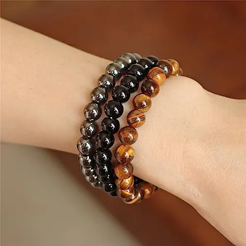 SAIBANGZI Bracciale in Pietre Naturali con Perline da 8mm, Occhio di Tigre, Ematite e Onice Nero, 19 cm - immagine 4