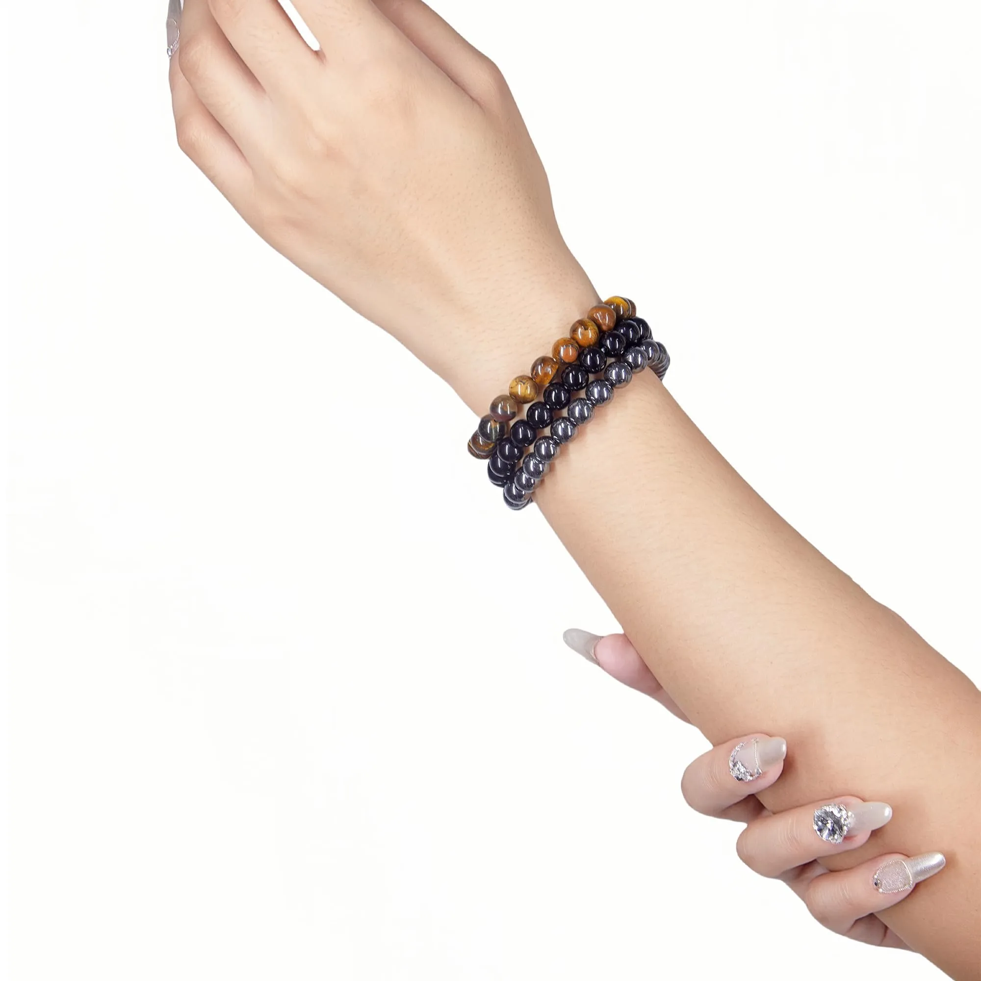 SAIBANGZI Bracciale in Pietre Naturali con Perline da 8mm, Occhio di Tigre, Ematite e Onice Nero, 19 cm - immagine 6