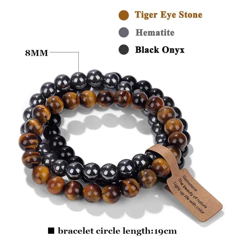 SAIBANGZI Bracciale in Pietre Naturali con Perline da 8mm, Occhio di Tigre, Ematite e Onice Nero, 19 cm - immagine 7