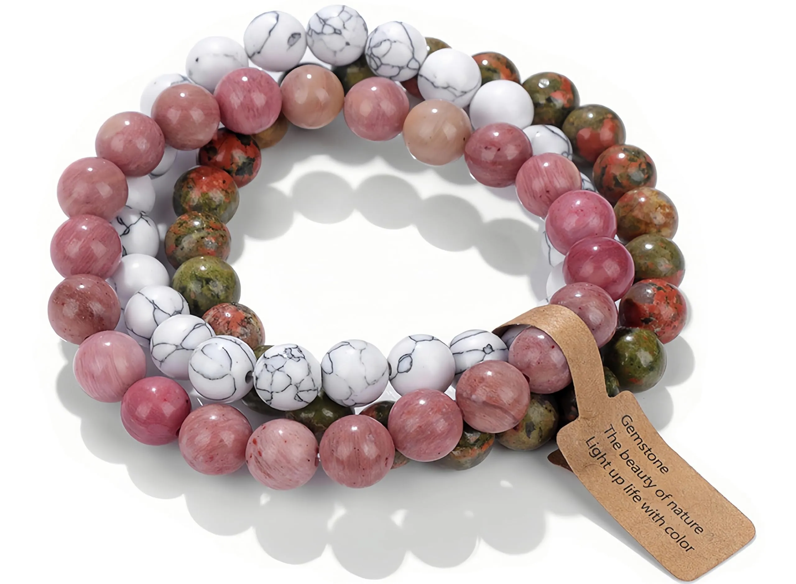 SAIBANGZI Bracciale in Pietre Naturali con Perline da 8mm, Rodocrosite, Turchese Bianco e Unakite, 19 cm - immagine 1