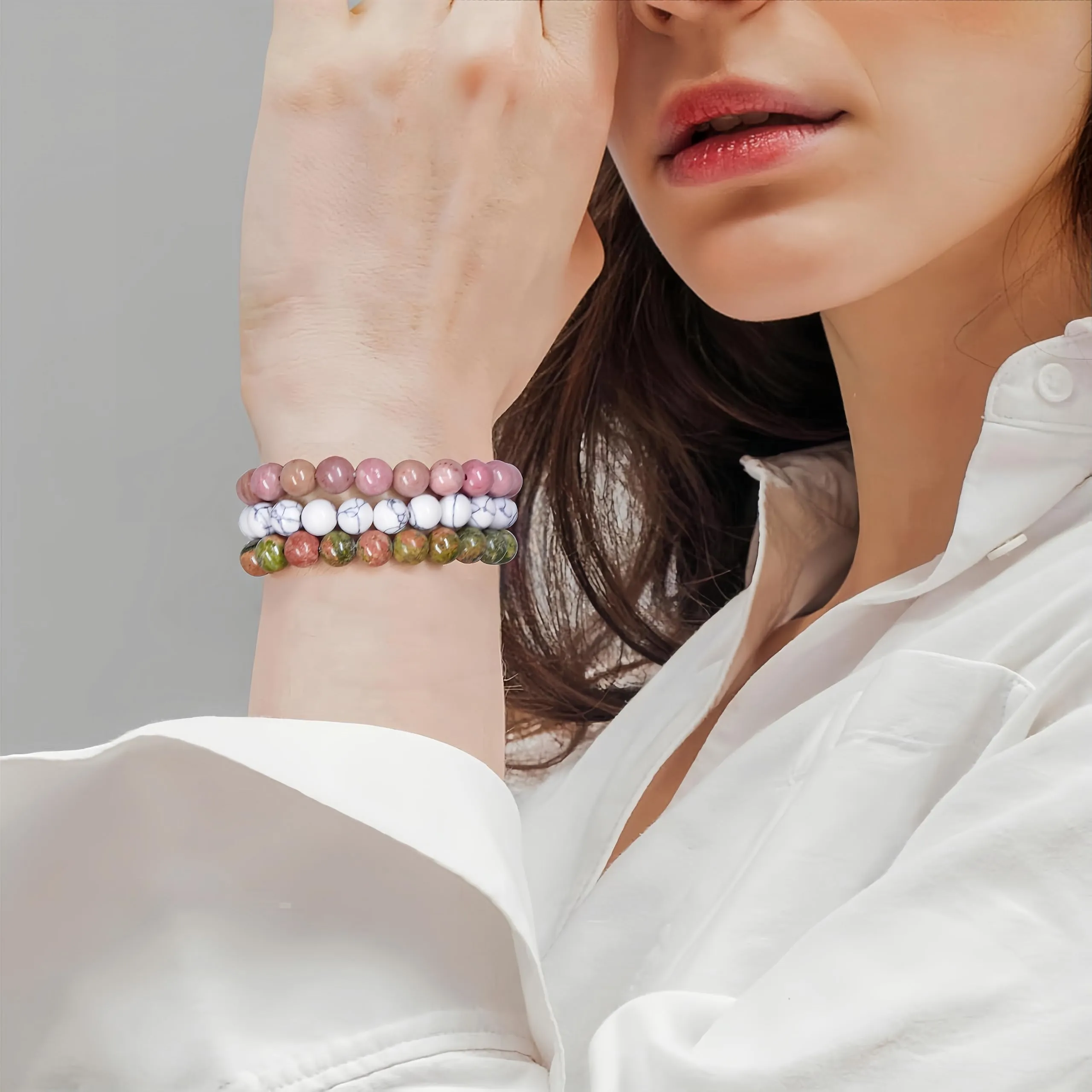 SAIBANGZI Bracciale in Pietre Naturali con Perline da 8mm, Rodocrosite, Turchese Bianco e Unakite, 19 cm - immagine 2