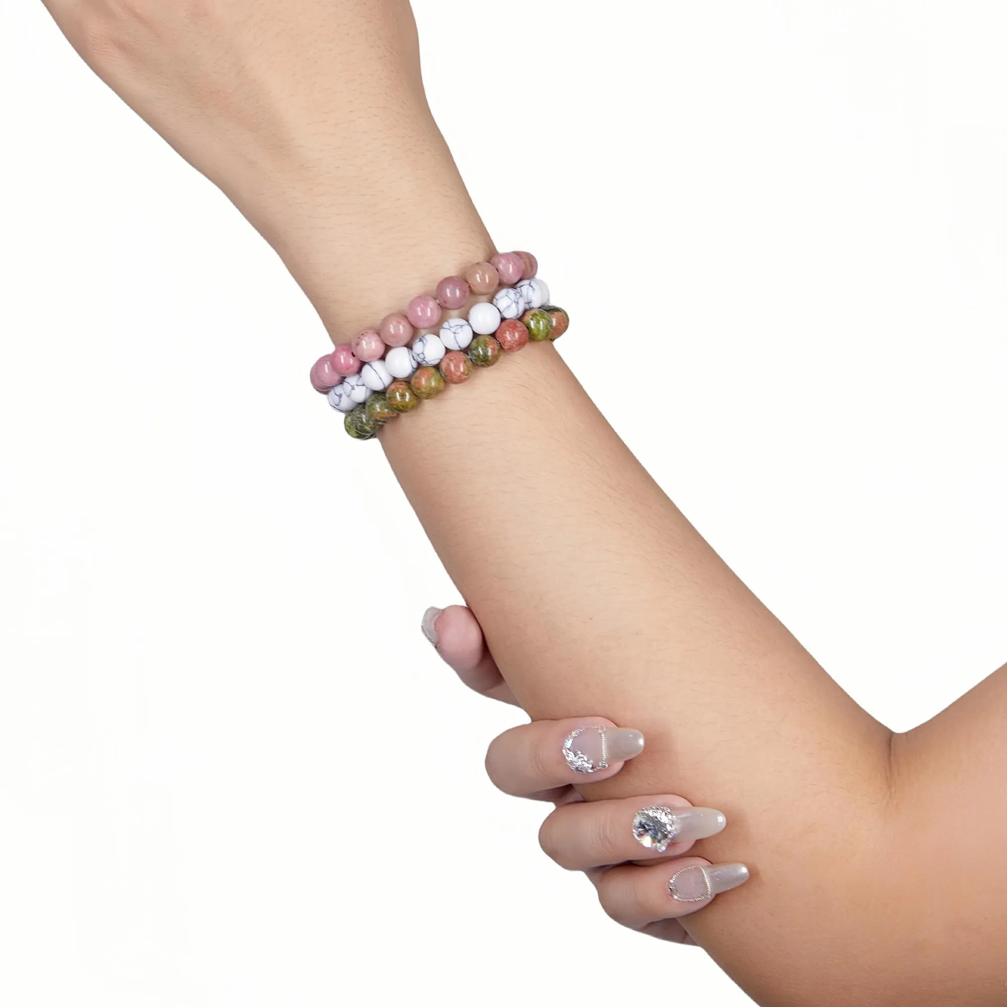 SAIBANGZI Bracciale in Pietre Naturali con Perline da 8mm, Rodocrosite, Turchese Bianco e Unakite, 19 cm - immagine 5