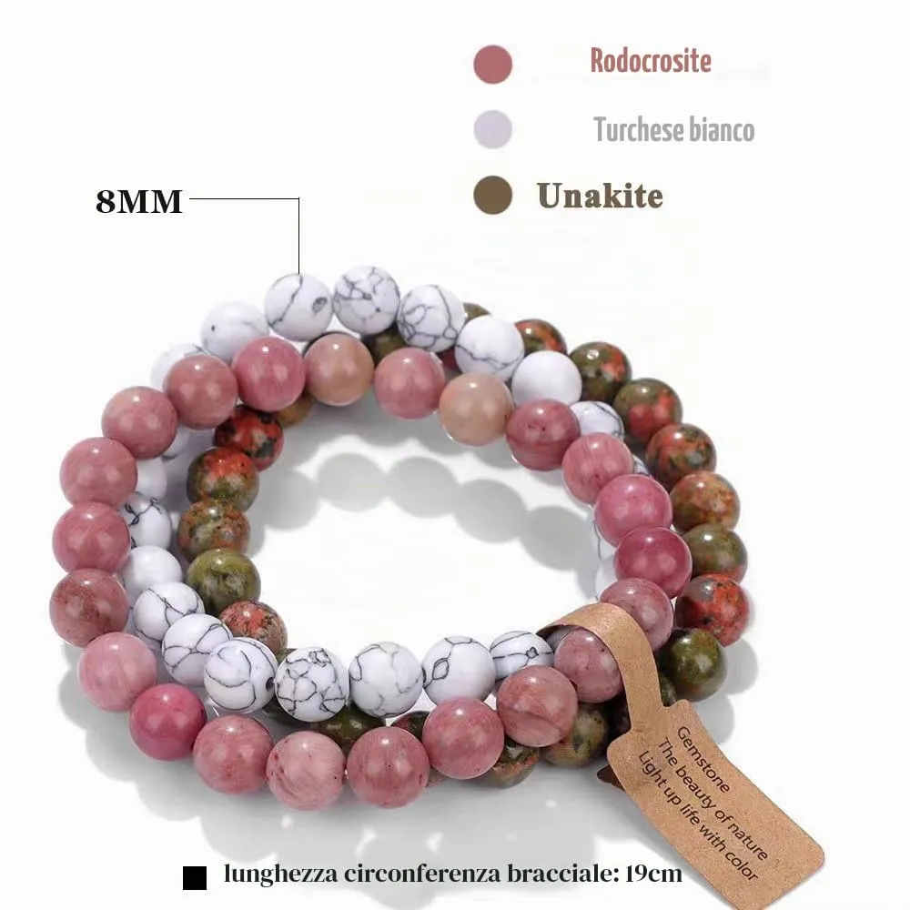 SAIBANGZI Bracciale in Pietre Naturali con Perline da 8mm, Rodocrosite, Turchese Bianco e Unakite, 19 cm - immagine 6