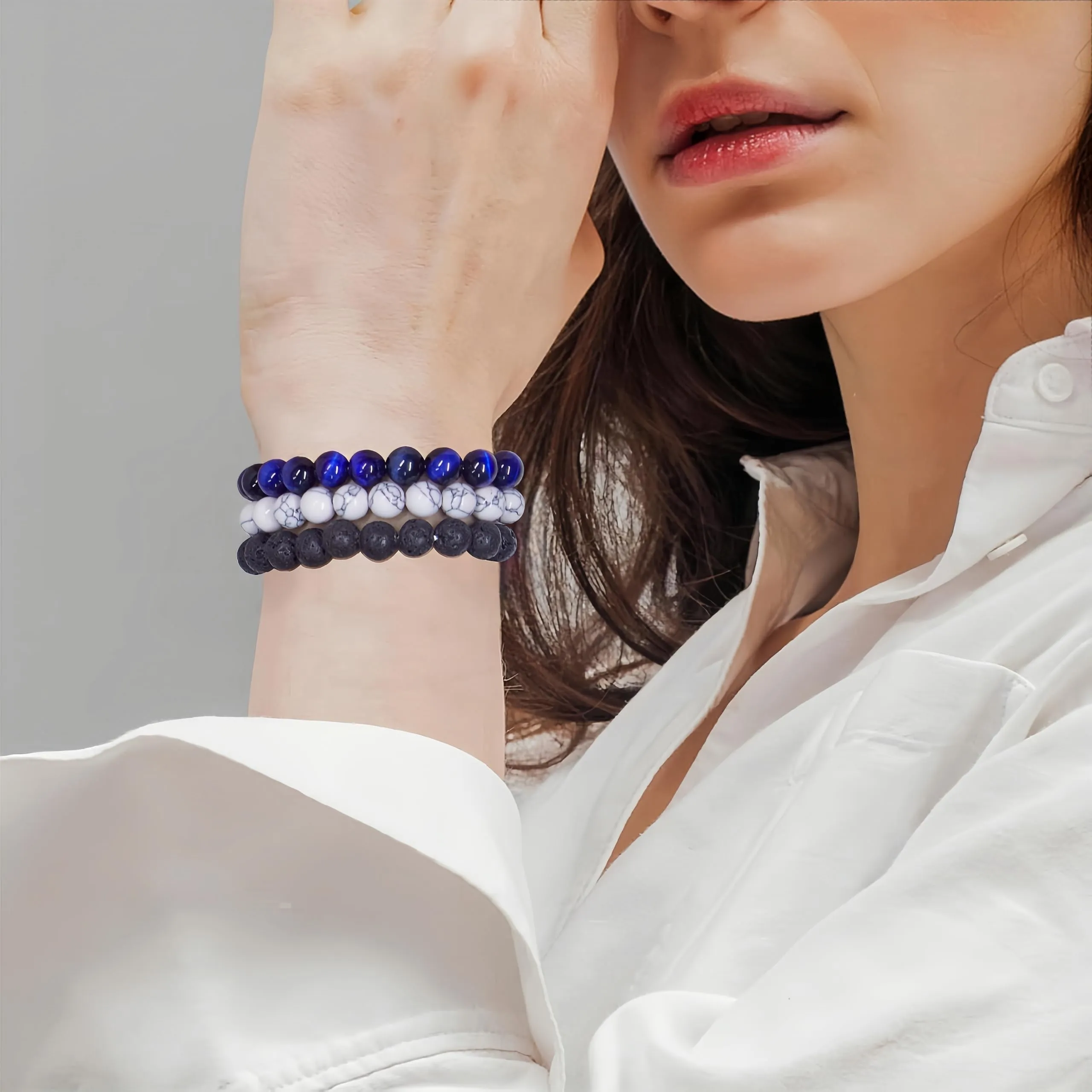 SAIBANGZI Bracciale in Pietre Naturali con Perline da 8mm, Occhio di Tigre Blu, Turchese Bianco e Agata Verde, Elastico - immagine 2