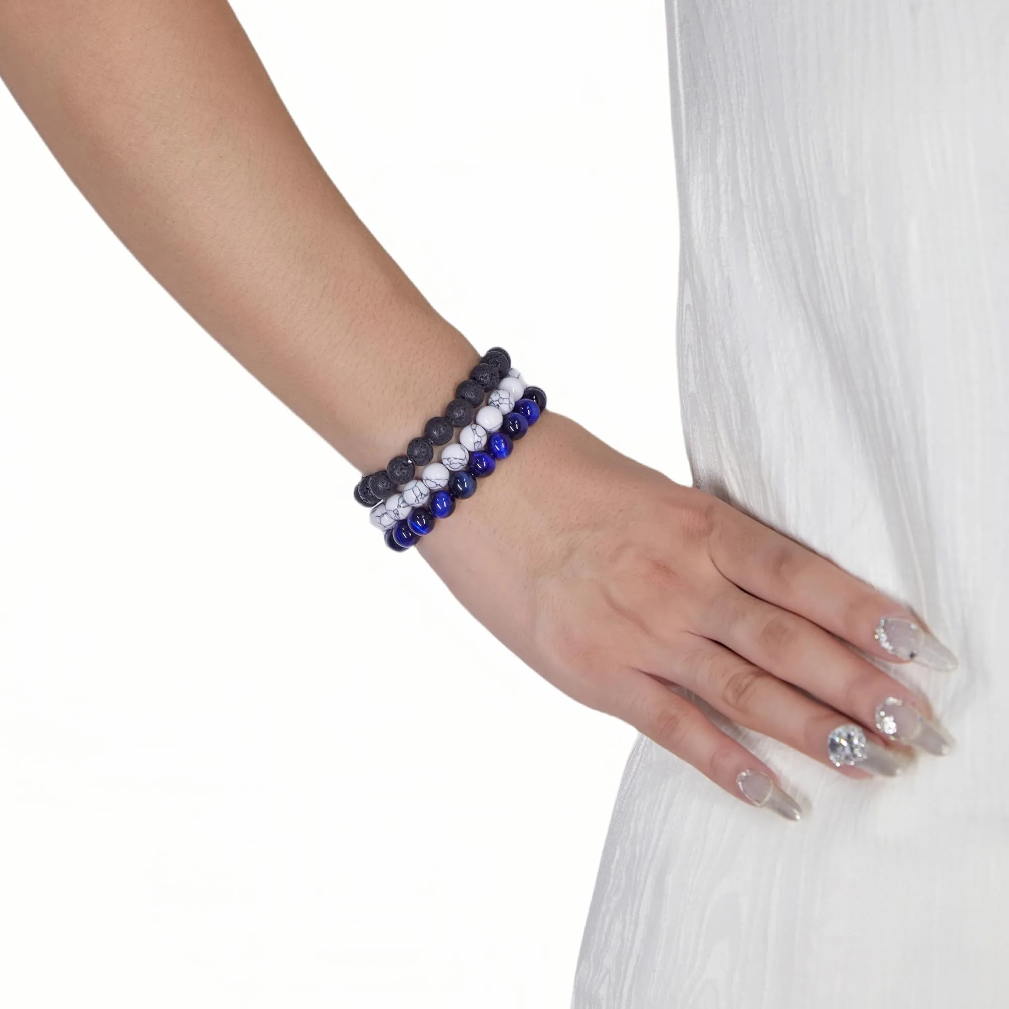 SAIBANGZI Bracciale in Pietre Naturali con Perline da 8mm, Occhio di Tigre Blu, Turchese Bianco e Agata Verde, Elastico - immagine 4
