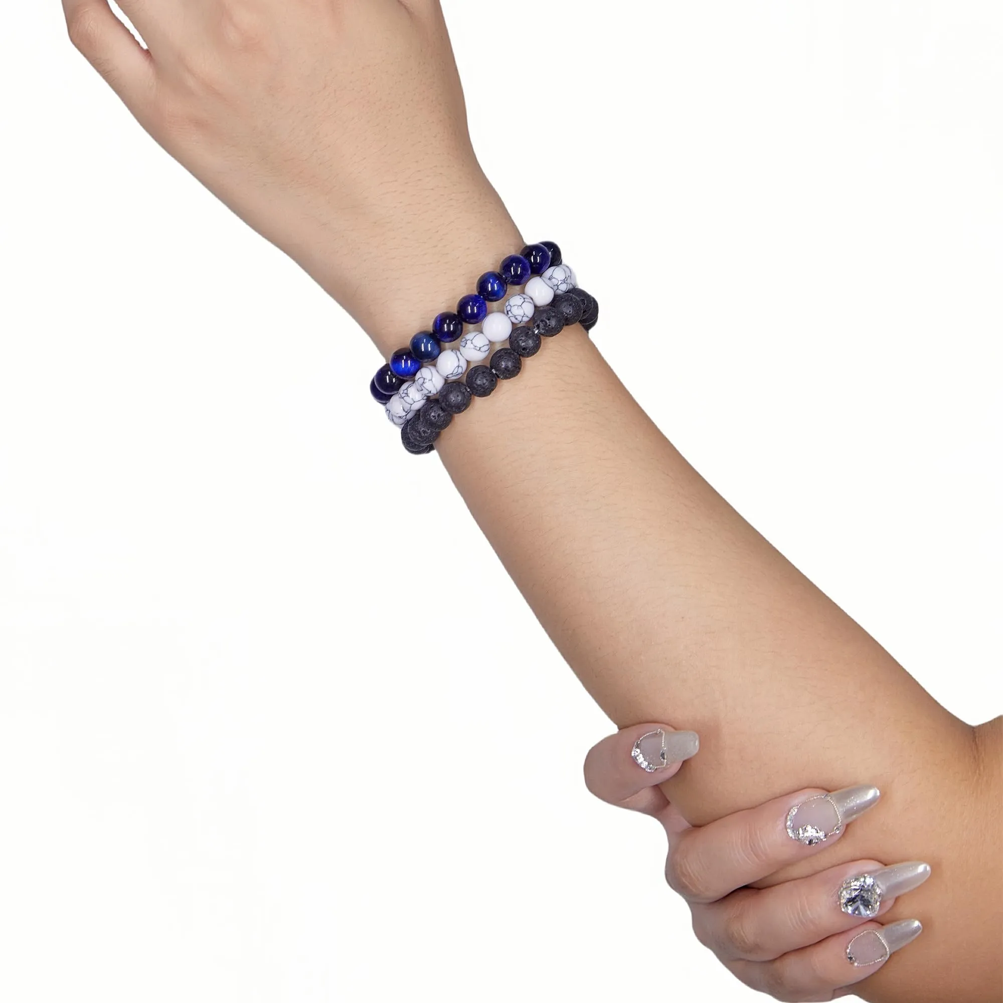 SAIBANGZI Bracciale in Pietre Naturali con Perline da 8mm, Occhio di Tigre Blu, Turchese Bianco e Agata Verde, Elastico - immagine 5