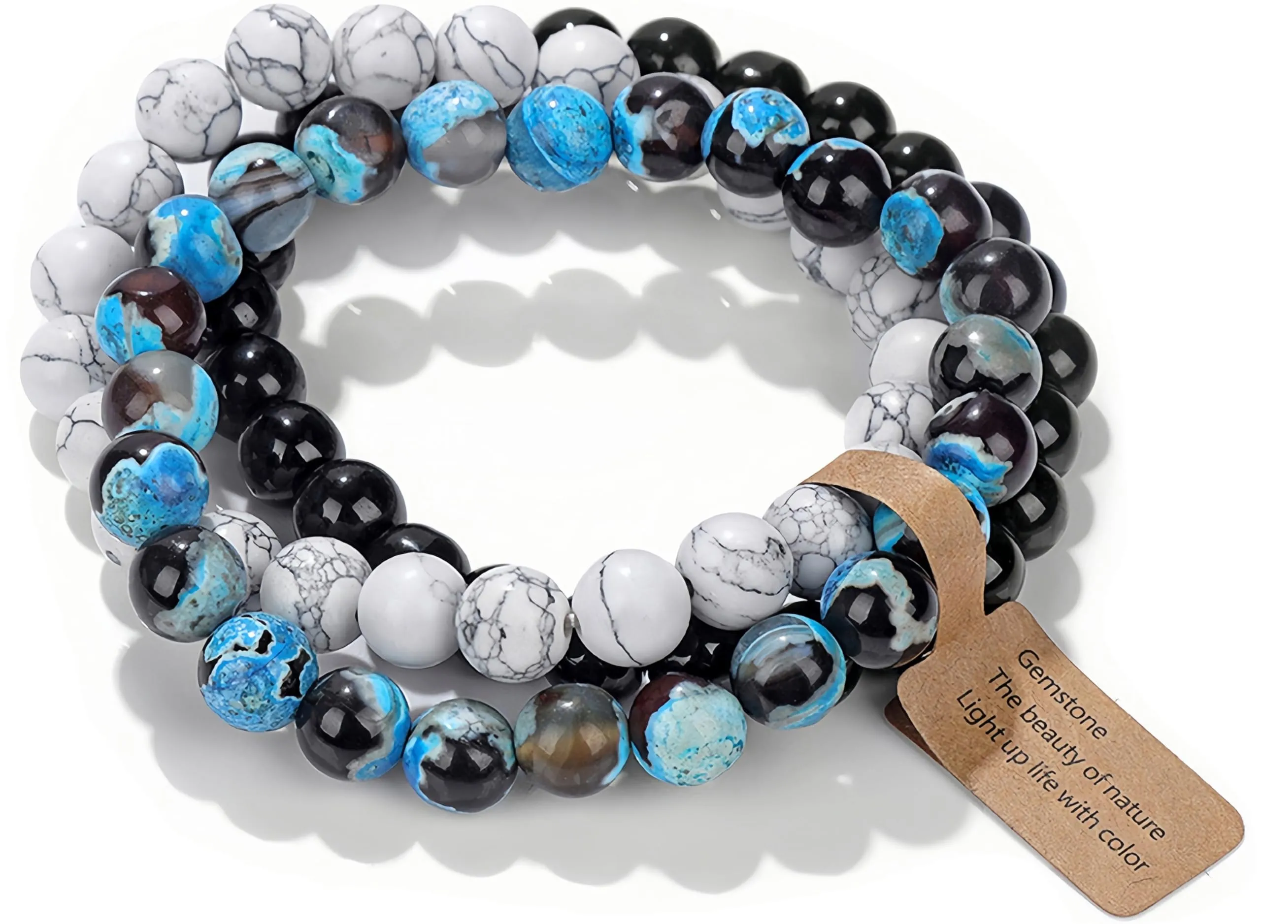 SAIBANGZI Set di 3 bracciali unisex in pietre naturali e cristalli, perline da 8 mm, 19 cm - immagine 1