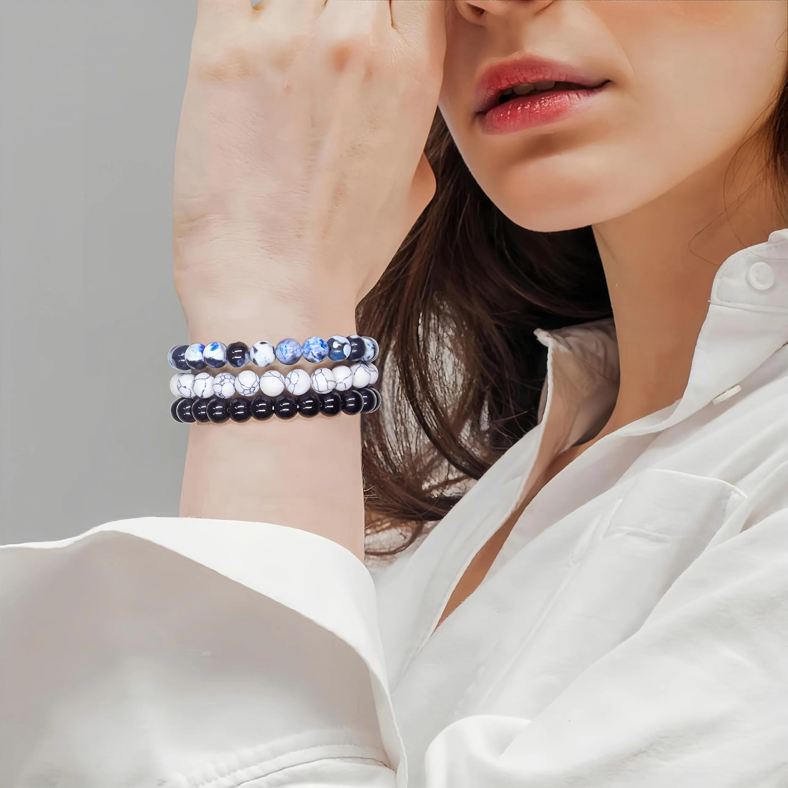 SAIBANGZI Set di 3 bracciali unisex in pietre naturali e cristalli, perline da 8 mm, 19 cm - immagine 2