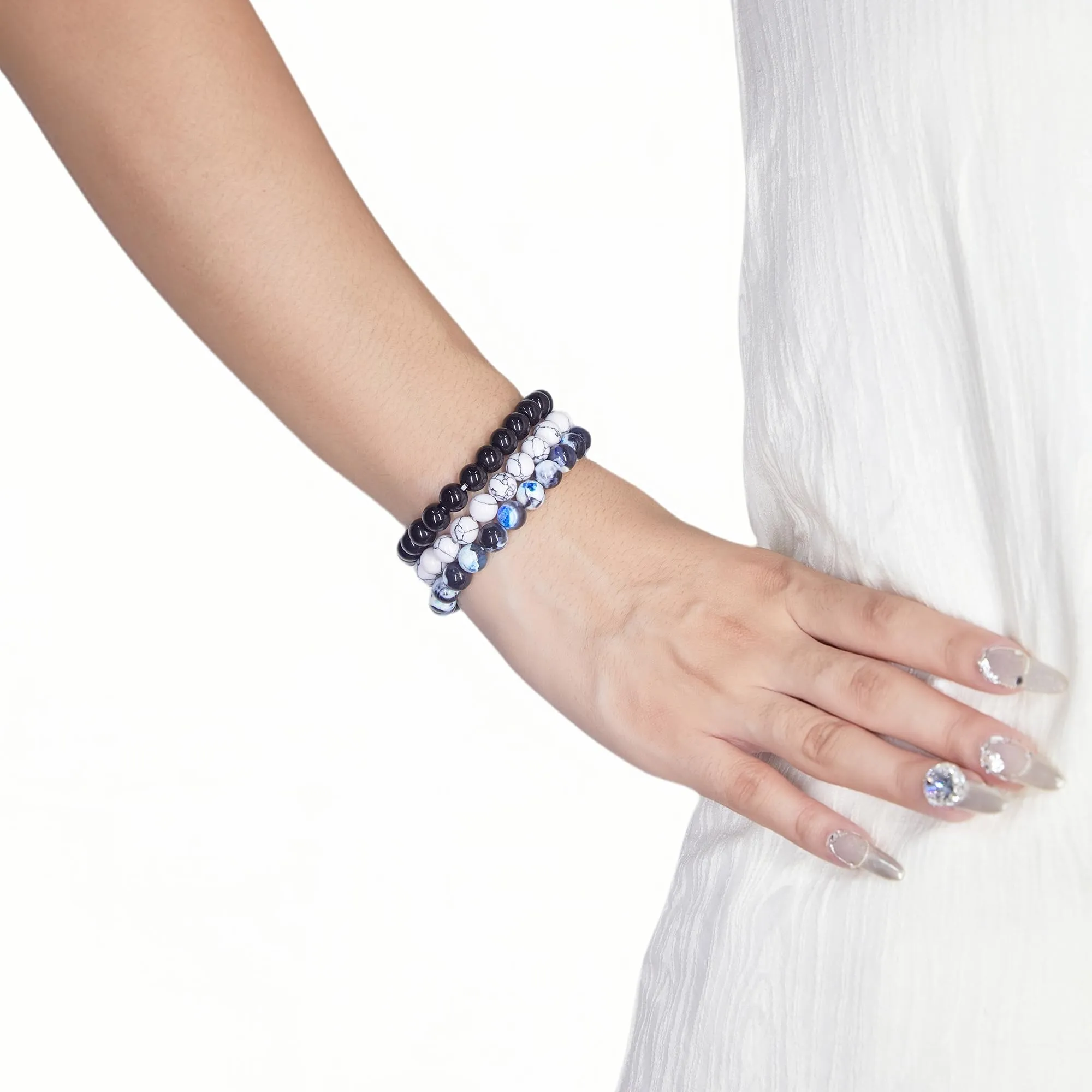 SAIBANGZI Set di 3 bracciali unisex in pietre naturali e cristalli, perline da 8 mm, 19 cm - immagine 4