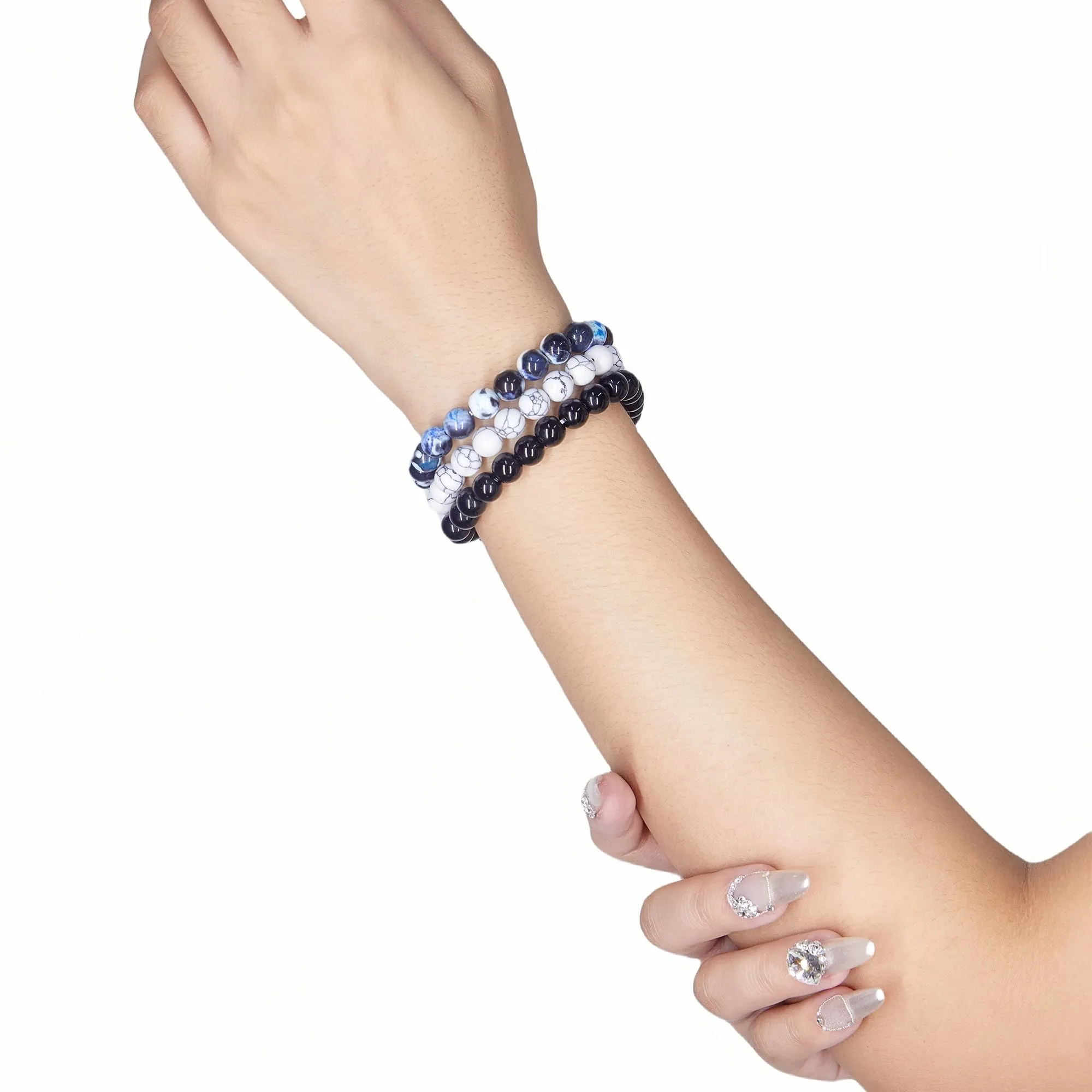 SAIBANGZI Set di 3 bracciali unisex in pietre naturali e cristalli, perline da 8 mm, 19 cm - immagine 5