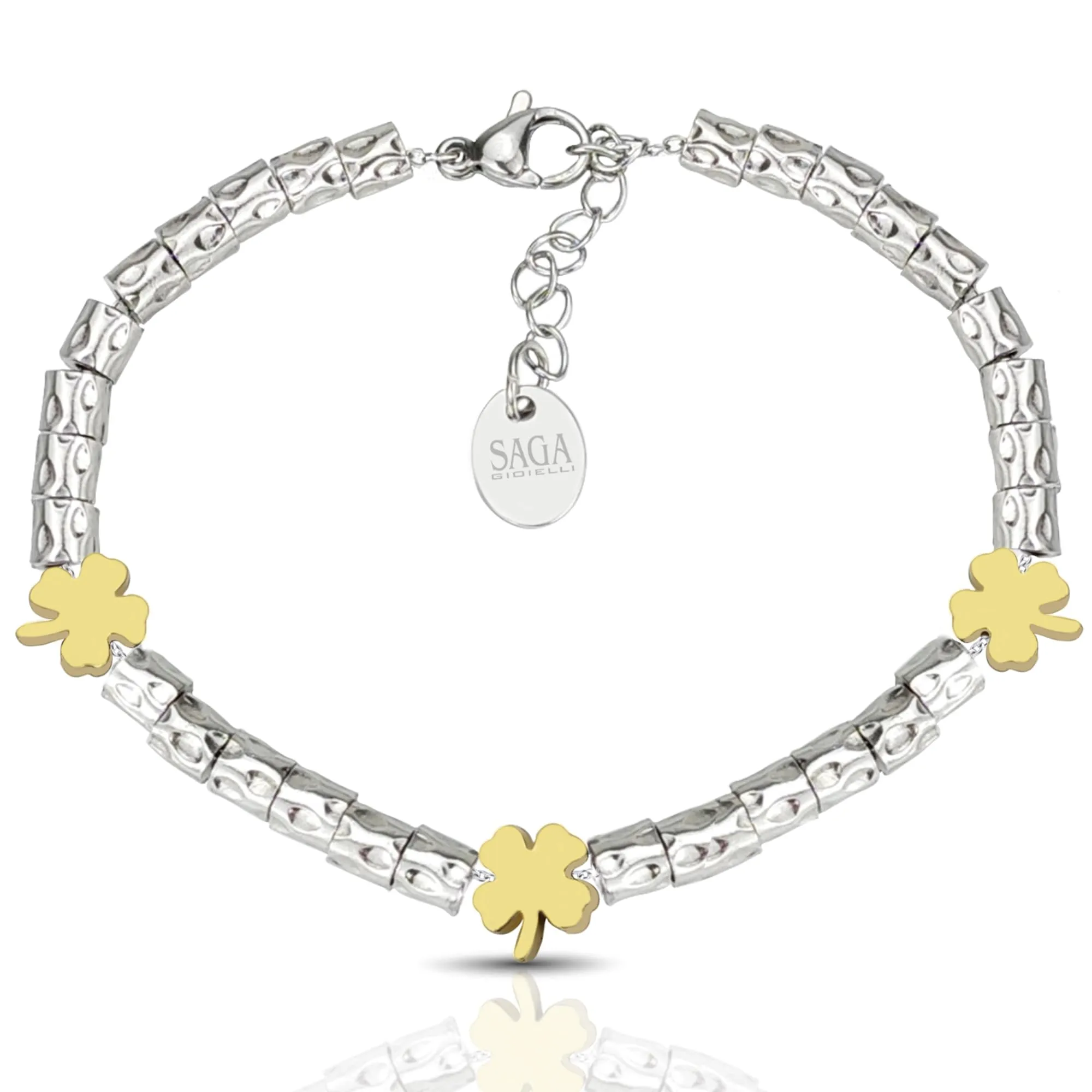 SAGA GIOIELLI Bracciale Donna Granelli Pepite Martellate Acciaio Quadrifoglio Dorato - immagine 1