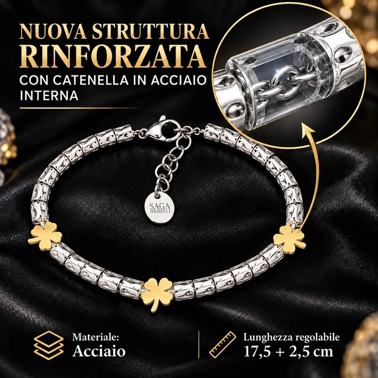 SAGA GIOIELLI Bracciale Donna Granelli Pepite Martellate Acciaio Quadrifoglio Dorato - immagine 3