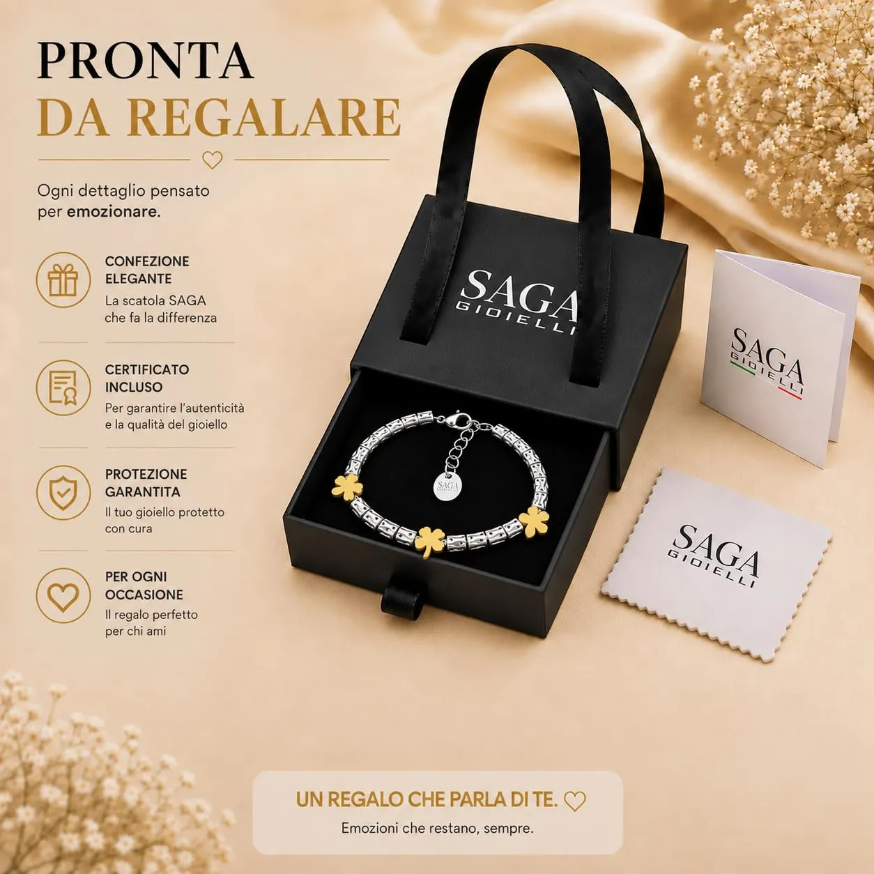 SAGA GIOIELLI Bracciale Donna Granelli Pepite Martellate Acciaio Quadrifoglio Dorato - immagine 6
