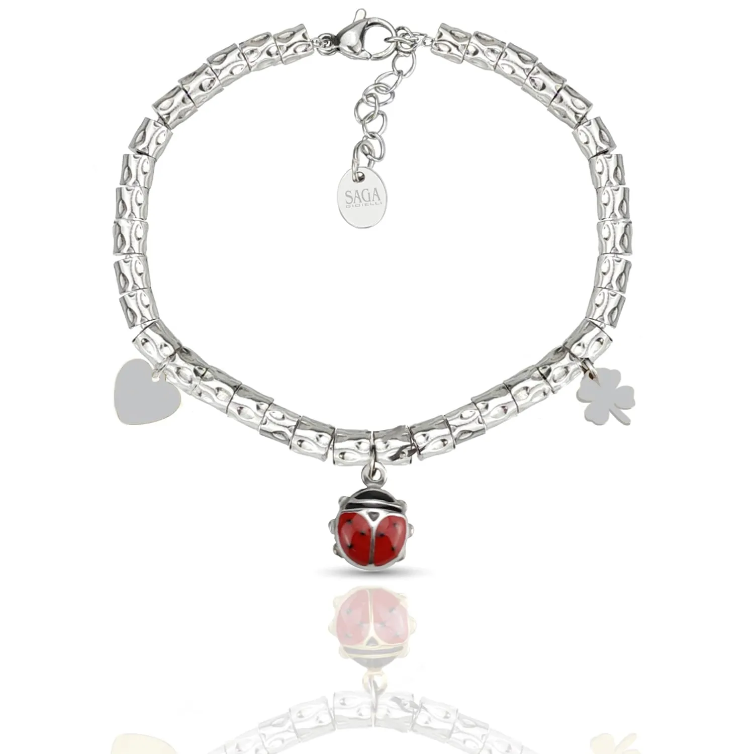 SAGA GIOIELLI Bracciale Donna Granelli Pepite Martellate Acciaio con Pendente Coccinella Argentata - immagine 1