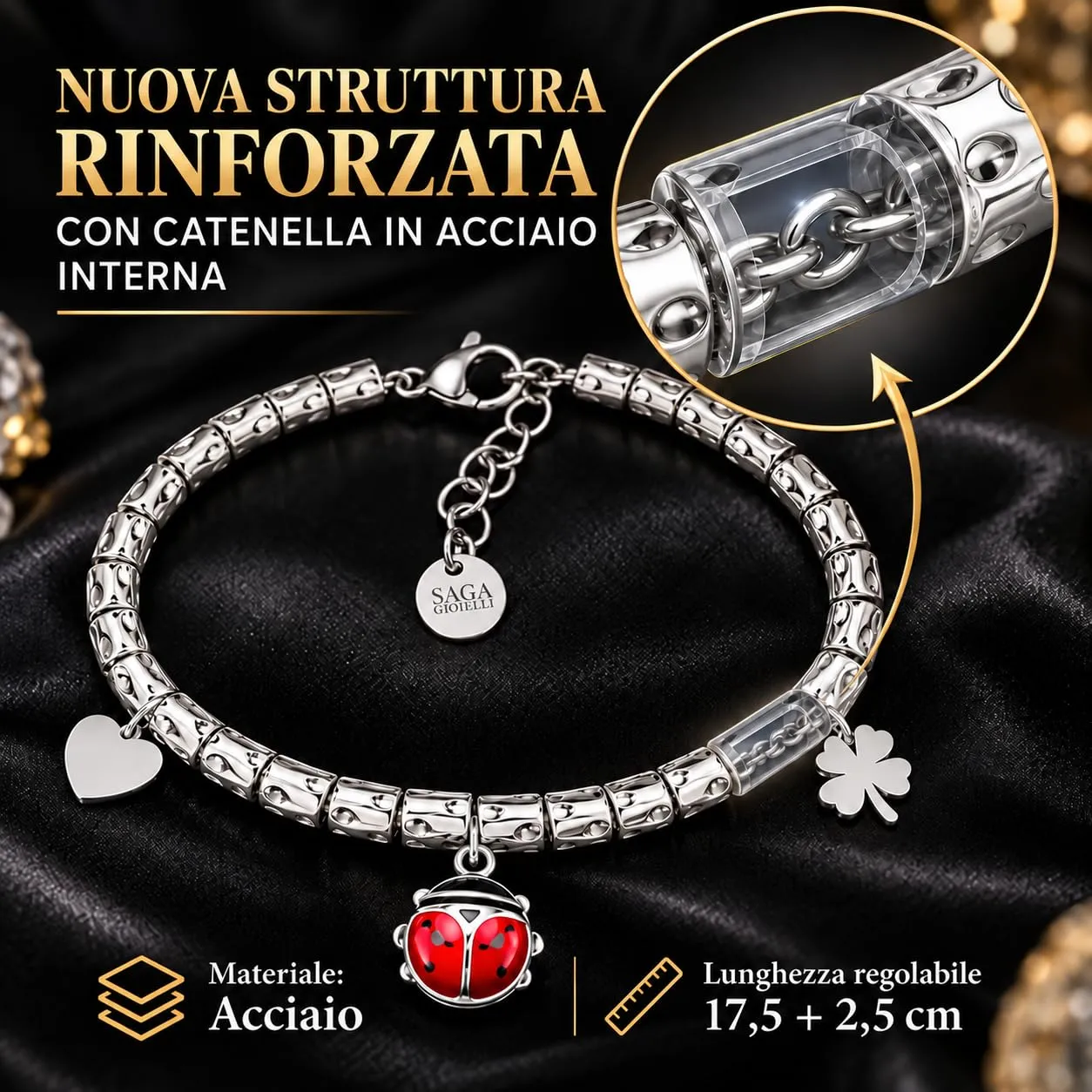 SAGA GIOIELLI Bracciale Donna Granelli Pepite Martellate Acciaio con Pendente Coccinella Argentata - immagine 3