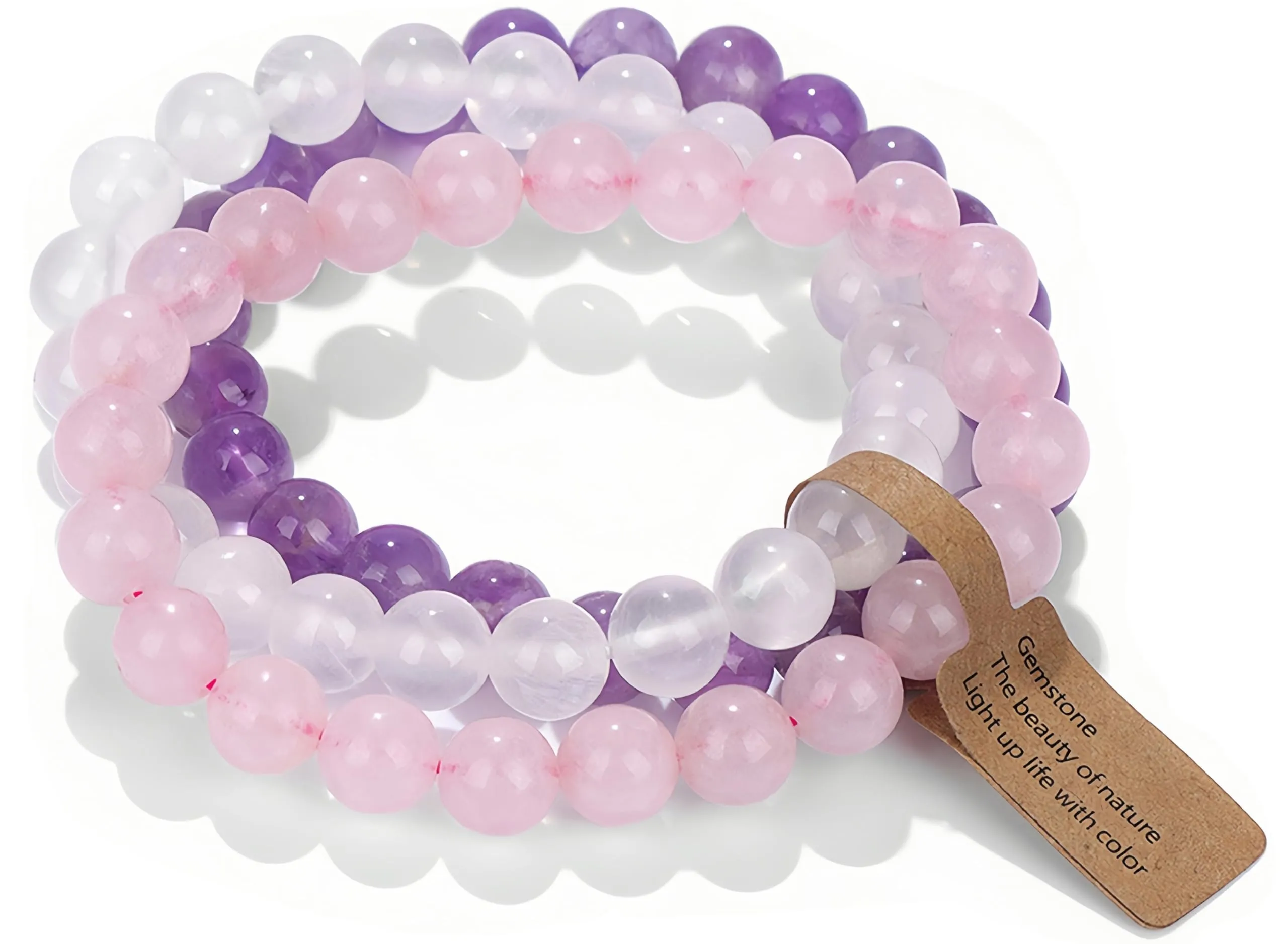 SAIBANGZI Bracciale a Sfere di Pietra Naturale 8mm, Set da 3 Pezzi per Donna e Uomo, Quarzo Rosa, Giada Bianca e Ametista, Elasticizzato, 19 cm - immagine 1