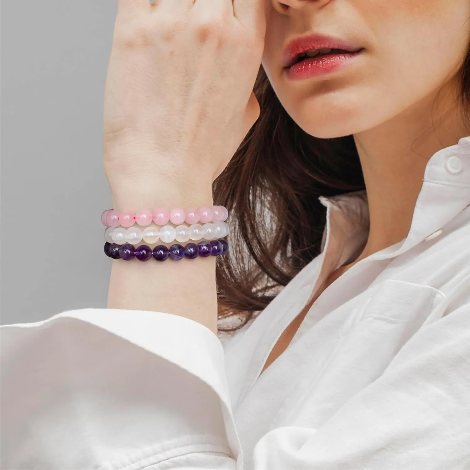 SAIBANGZI Bracciale a Sfere di Pietra Naturale 8mm, Set da 3 Pezzi per Donna e Uomo, Quarzo Rosa, Giada Bianca e Ametista, Elasticizzato, 19 cm - immagine 2