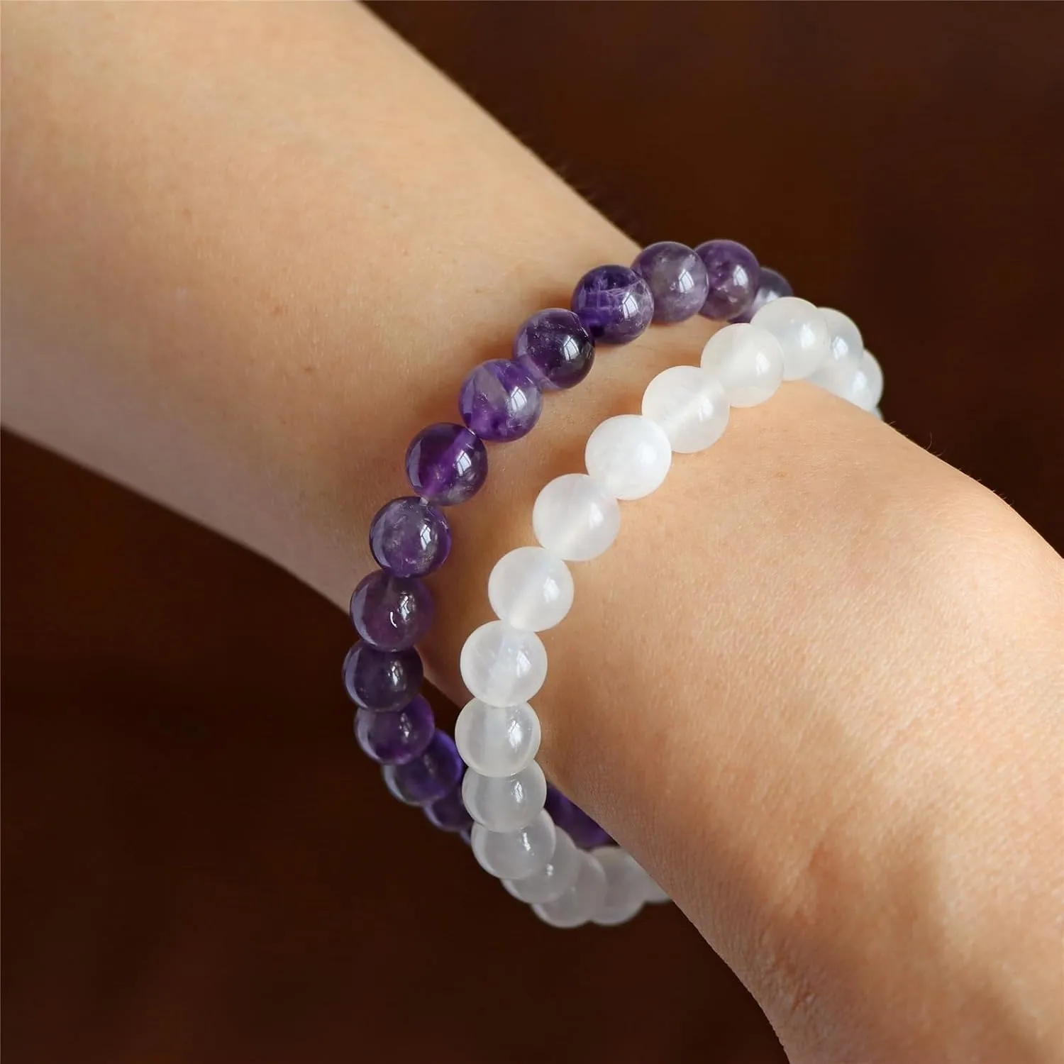 SAIBANGZI Bracciale a Sfere di Pietra Naturale 8mm, Set da 3 Pezzi per Donna e Uomo, Quarzo Rosa, Giada Bianca e Ametista, Elasticizzato, 19 cm - immagine 4