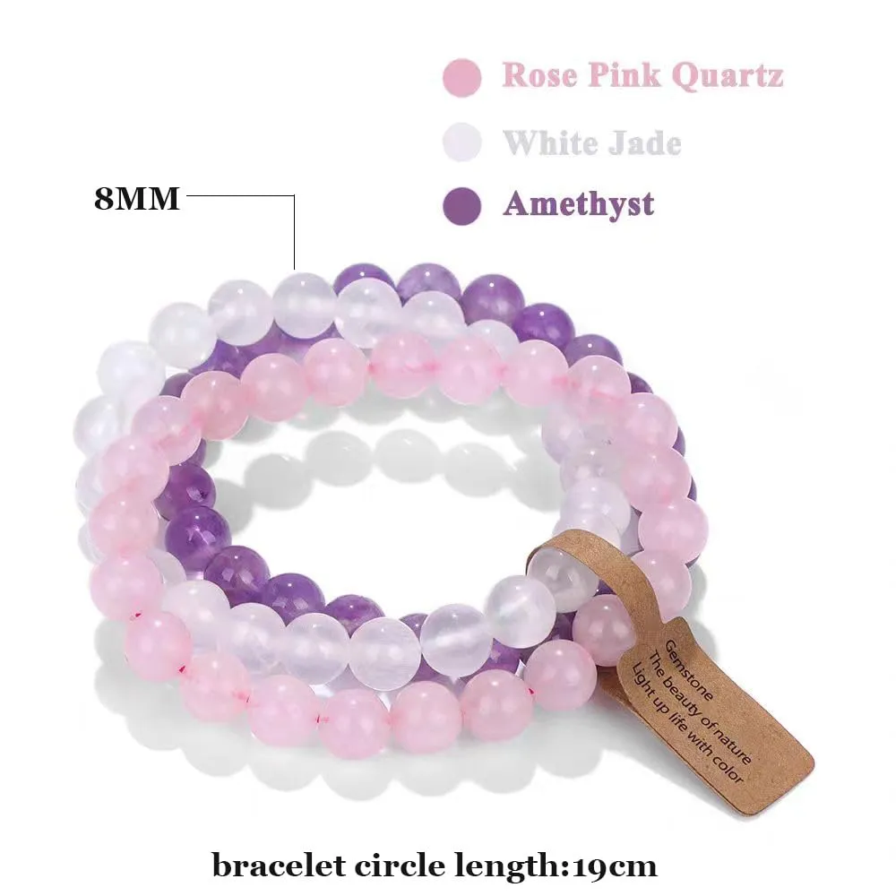 SAIBANGZI Bracciale a Sfere di Pietra Naturale 8mm, Set da 3 Pezzi per Donna e Uomo, Quarzo Rosa, Giada Bianca e Ametista, Elasticizzato, 19 cm - immagine 5