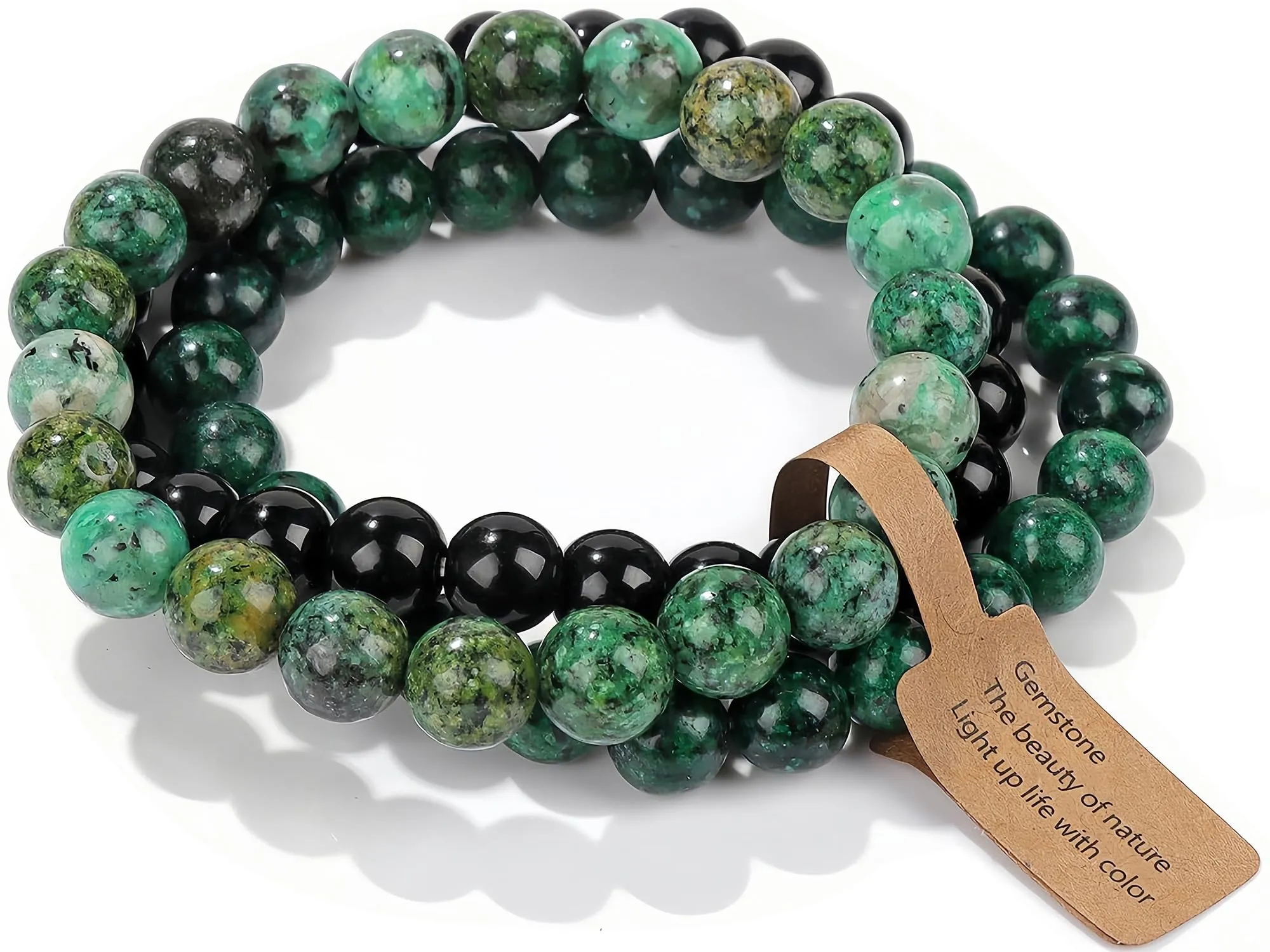 SAIBANGZI Bracciale in Pietre Naturali con Perline da 8mm, Turchese Africano, Onice Nero e Giada Verde-Bianca, Elastico 19cm - immagine 1