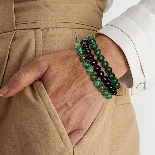 SAIBANGZI Bracciale in Pietre Naturali con Perline da 8mm, Turchese Africano, Onice Nero e Giada Verde-Bianca, Elastico 19cm - immagine 3