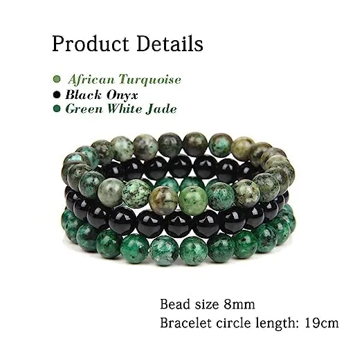 SAIBANGZI Bracciale in Pietre Naturali con Perline da 8mm, Turchese Africano, Onice Nero e Giada Verde-Bianca, Elastico 19cm - immagine 5