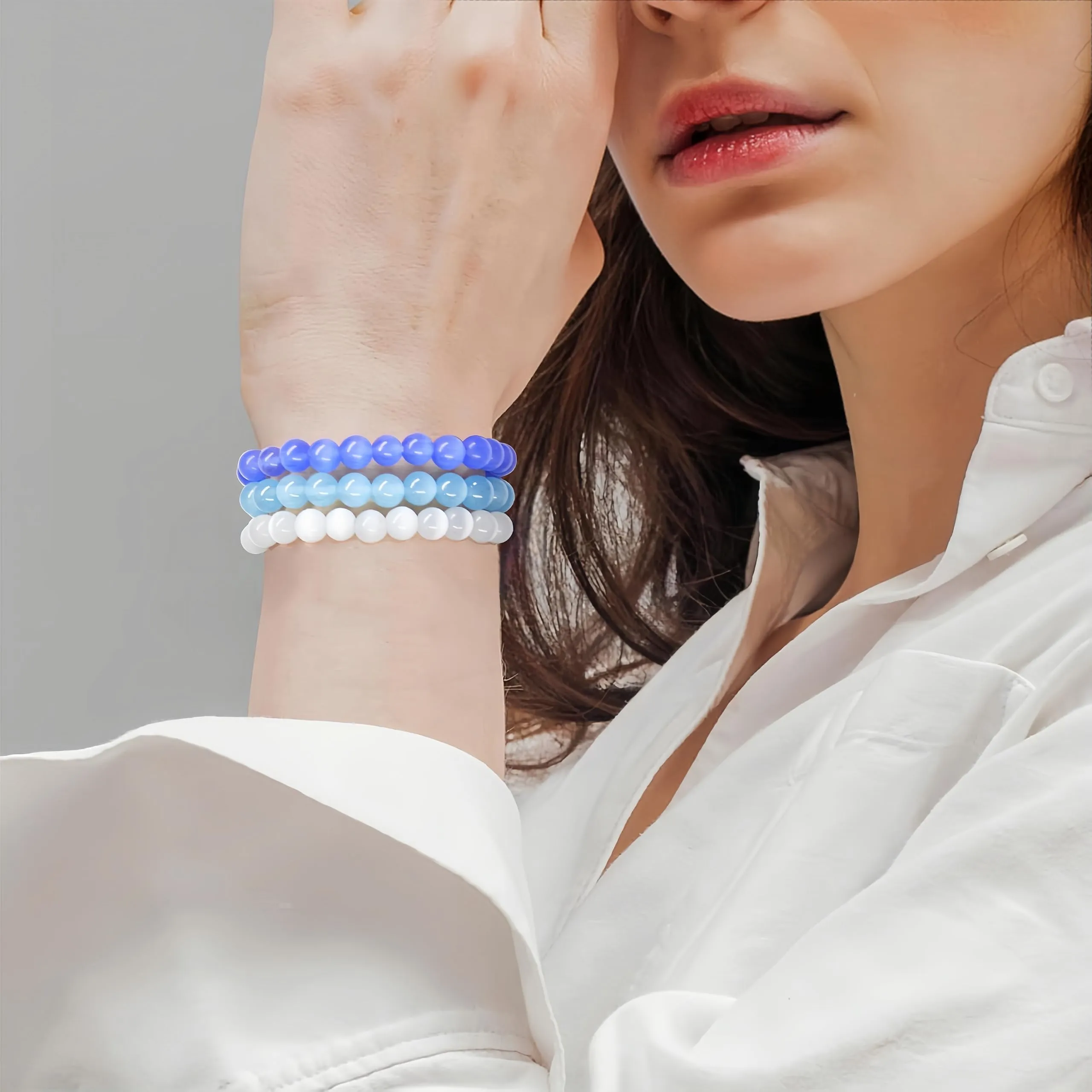 SAIBANGZI Bracciale in Pietre Naturali Occhio di Gatto, Perline 8mm, 19 cm - immagine 2