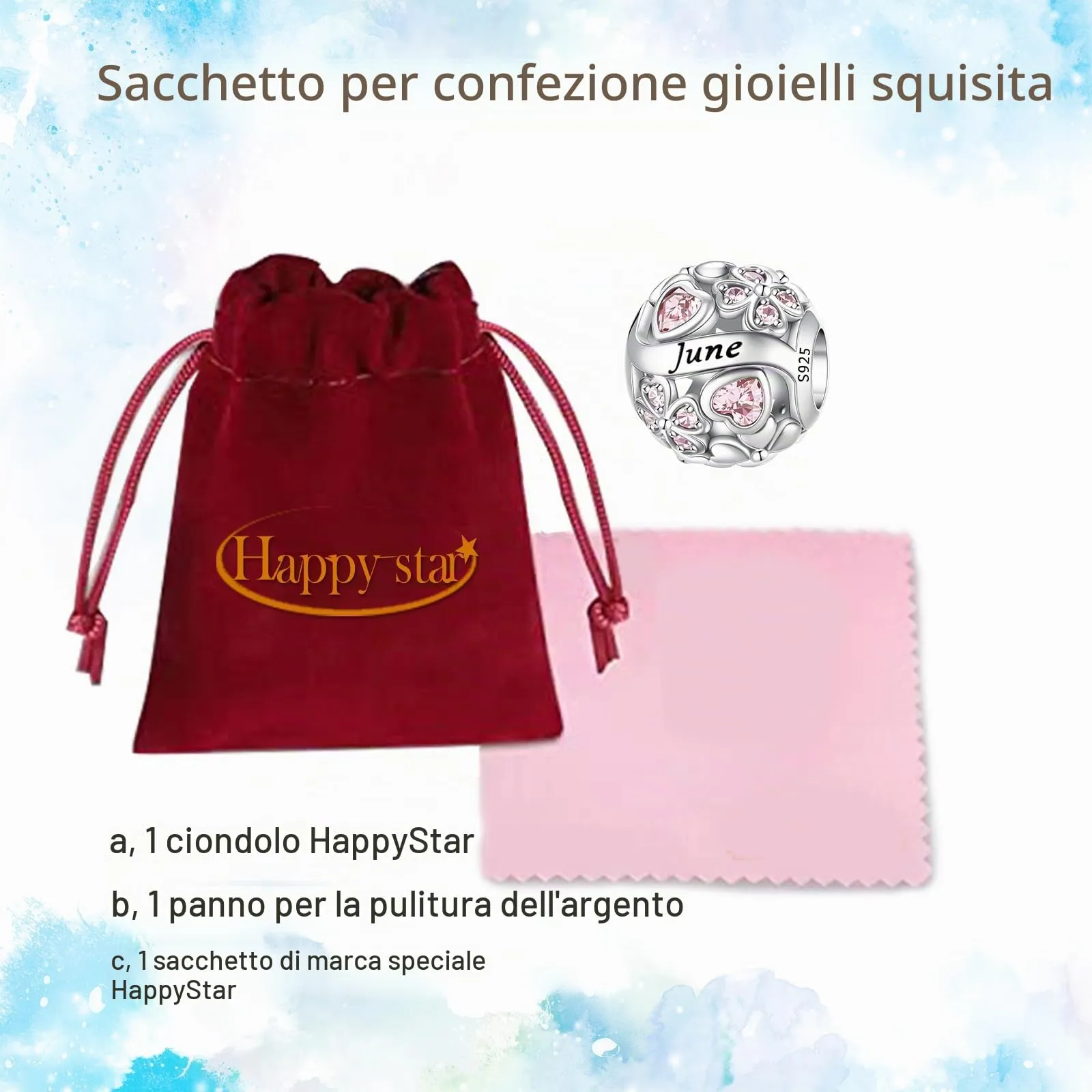 HappyStar Ciondolo Quadrifoglio in Argento Sterling 925 con Zirconia Cubica Birthstone per Braccialetti Pandora e Europei - immagine 6