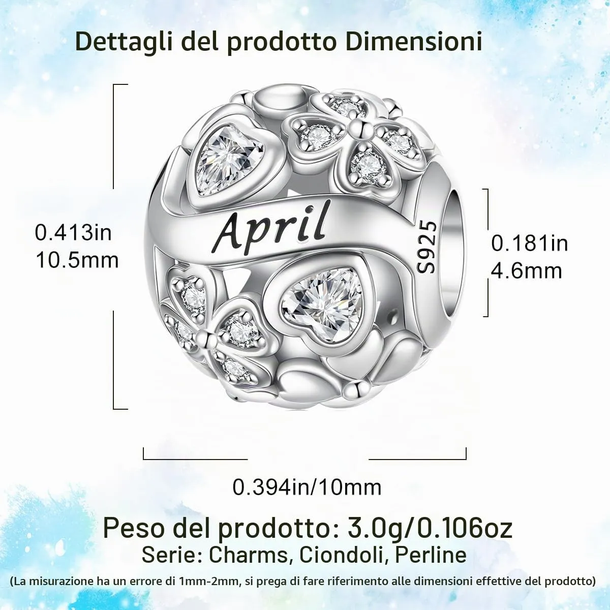 HappyStar Ciondolo Quadrifoglio in Argento Sterling 925 e Zirconia Cubica Birthstone per Braccialetti Pandora e Europei - immagine 4
