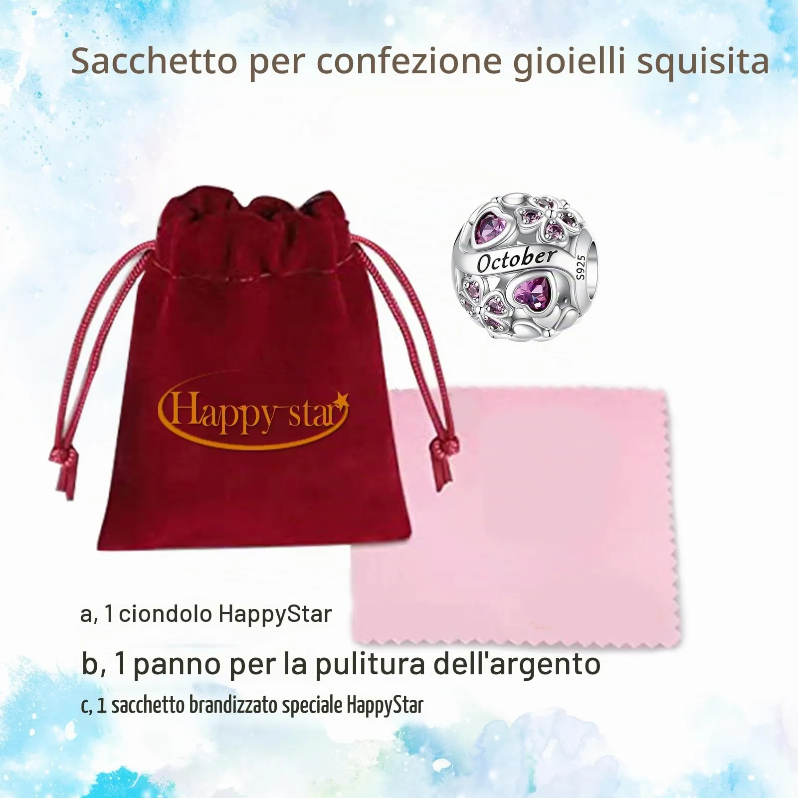 HappyStar Ciondolo Quadrifoglio in Argento Sterling 925 e Zirconia Cubica Birthstone per Braccialetti Pandora e Europei - immagine 5