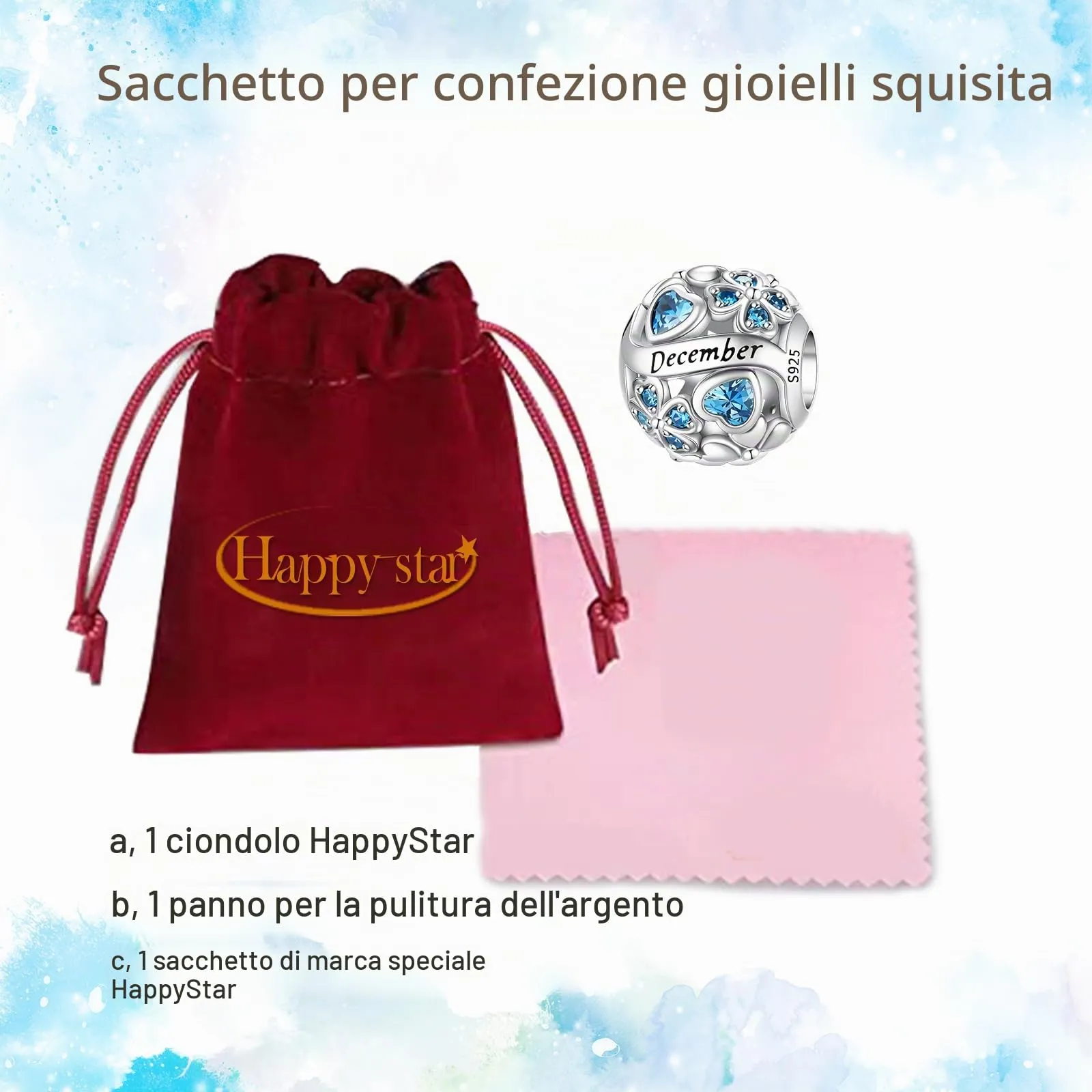 HappyStar Ciondolo Quadrifoglio in Argento Sterling 925 con Zirconia Cubica Birthstone per Braccialetti Pandora e Europei - immagine 6