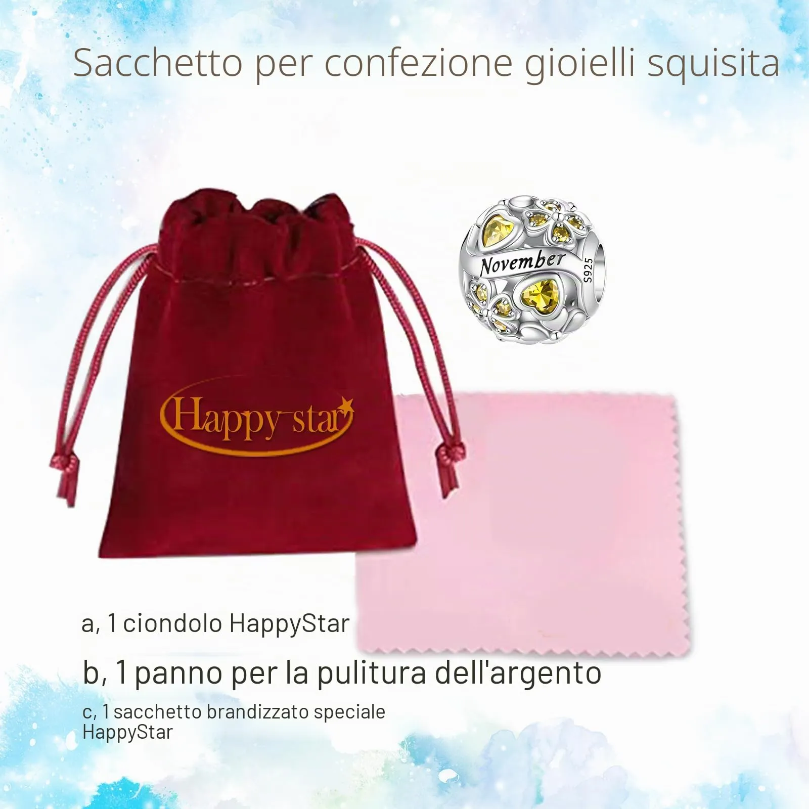 HappyStar Ciondolo Quadrifoglio in Argento Sterling 925 con Zirconia Cubica Birthstone per Braccialetti Pandora e Stile Europeo - immagine 6
