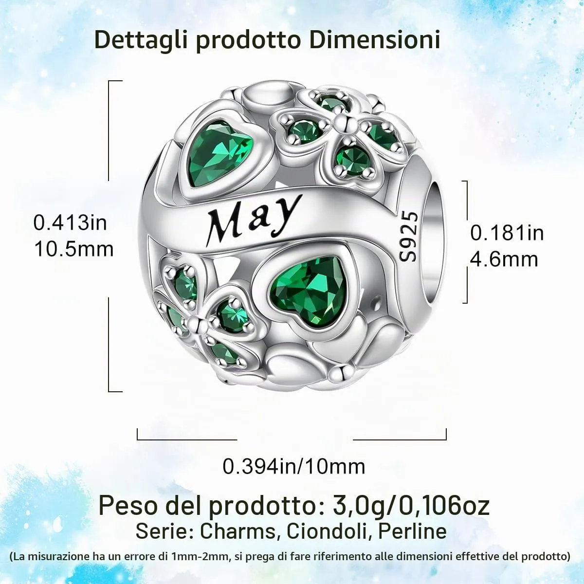 HappyStar Ciondolo Quadrifoglio in Argento Sterling 925 e Zirconia Cubica Birthstone per Braccialetti Pandora e Europei - immagine 4
