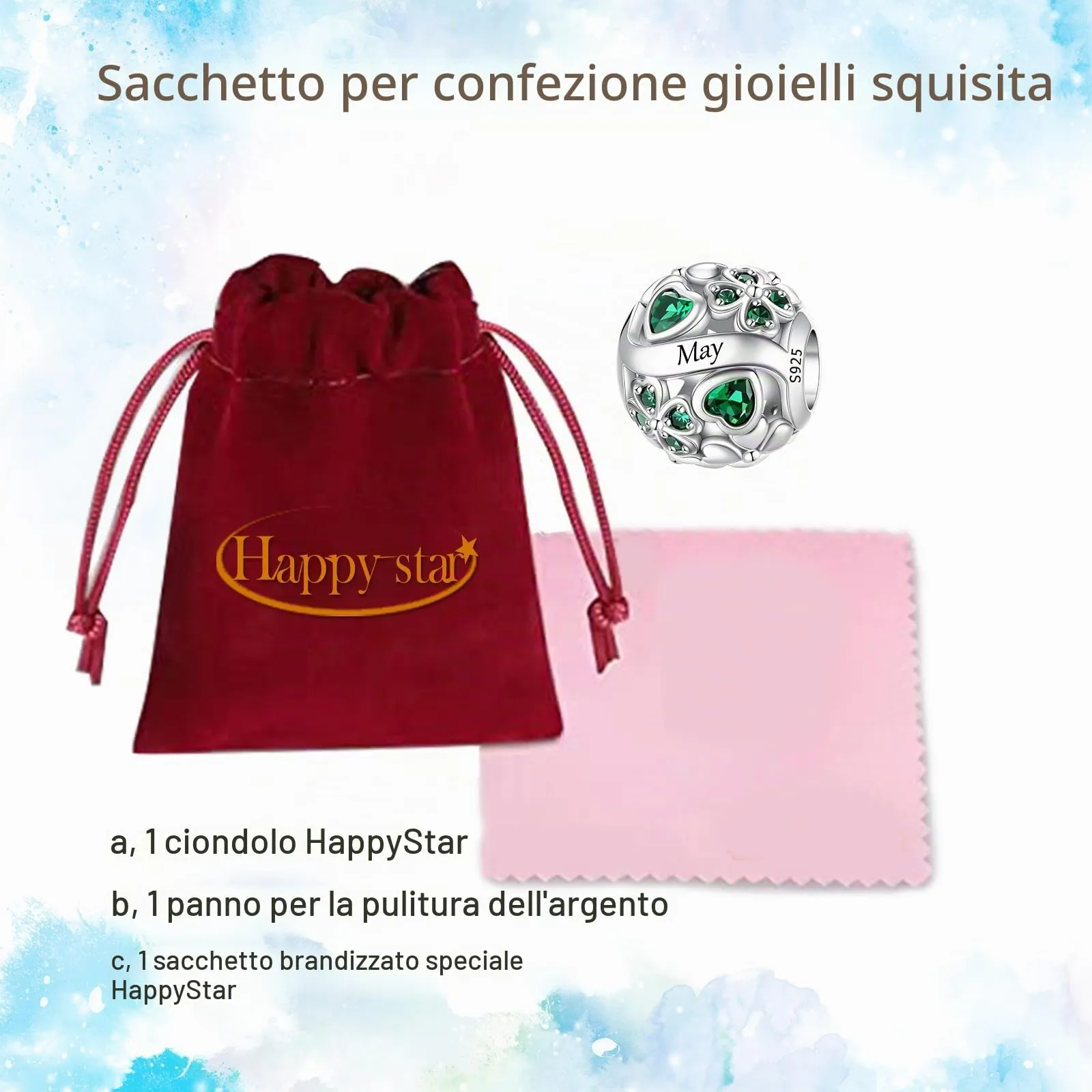 HappyStar Ciondolo Quadrifoglio in Argento Sterling 925 e Zirconia Cubica Birthstone per Braccialetti Pandora e Europei - immagine 6
