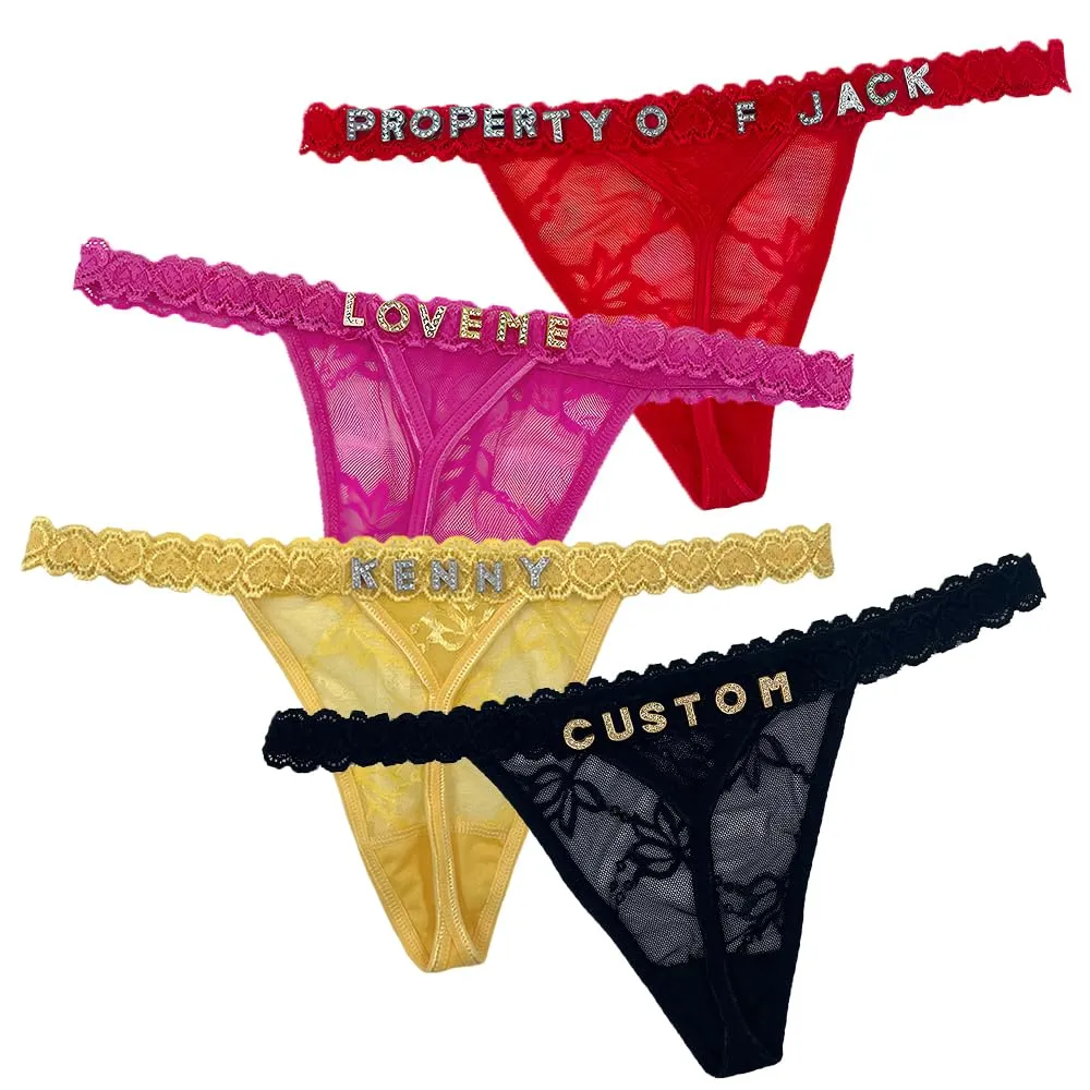 coobopet Perizoma Personalizzati con Nome e Strass, Set da 4, Intimo Donna in Pizzo, Lettere Oro Lucido - immagine 1