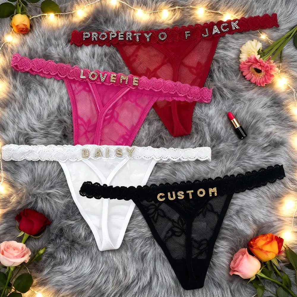 coobopet Perizoma Personalizzati con Nome e Strass, Set da 4, Intimo Donna in Pizzo, Lettere Oro Lucido - immagine 2