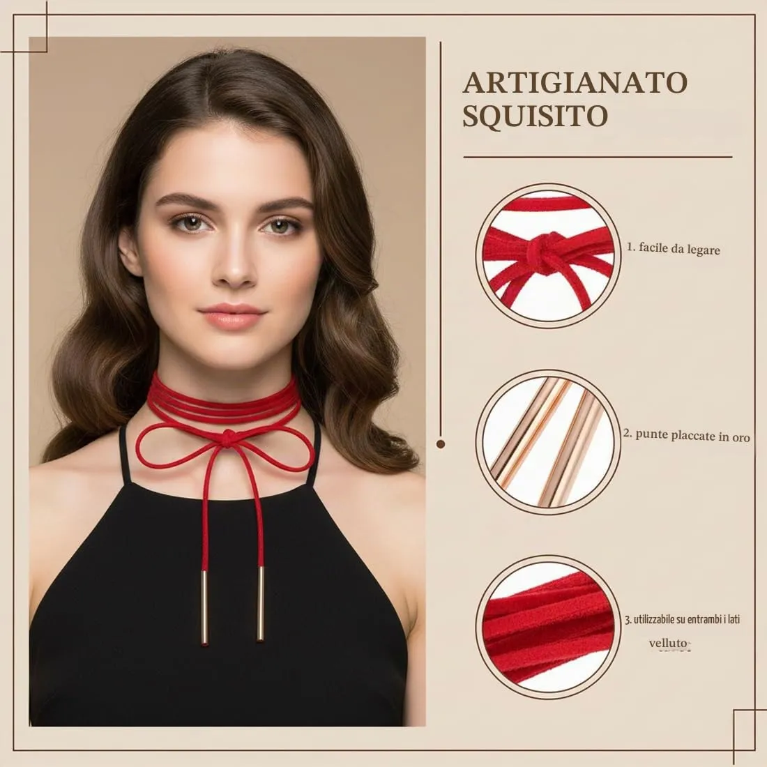 BAHME Set di 2 Collane Choker Legate (Rosso e Nero) con Nodo e Accenti Dorati - immagine 5